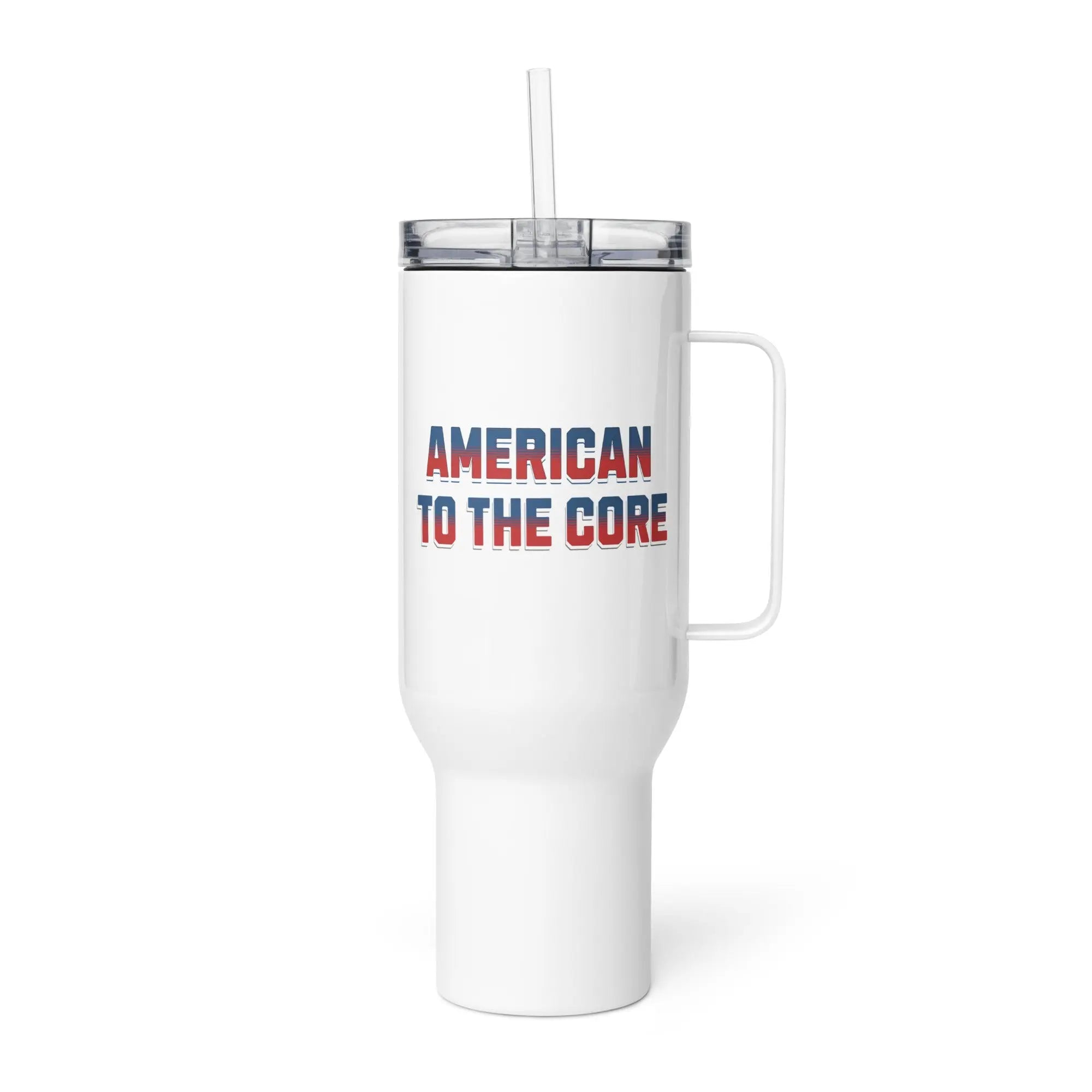 White tumbler with 'American to the Core' text on a white background