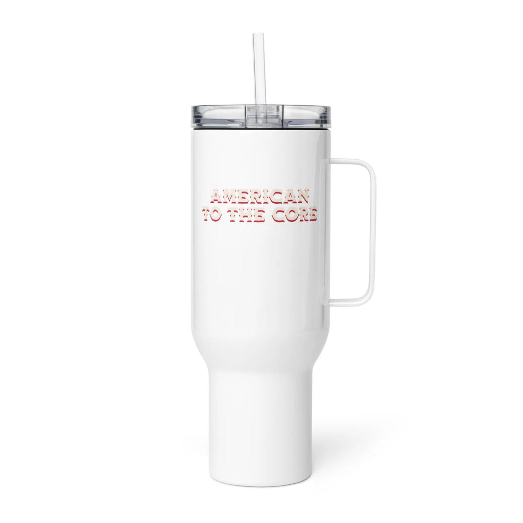 White tumbler with handle and straw featuring 'American to the Core' text on a white background