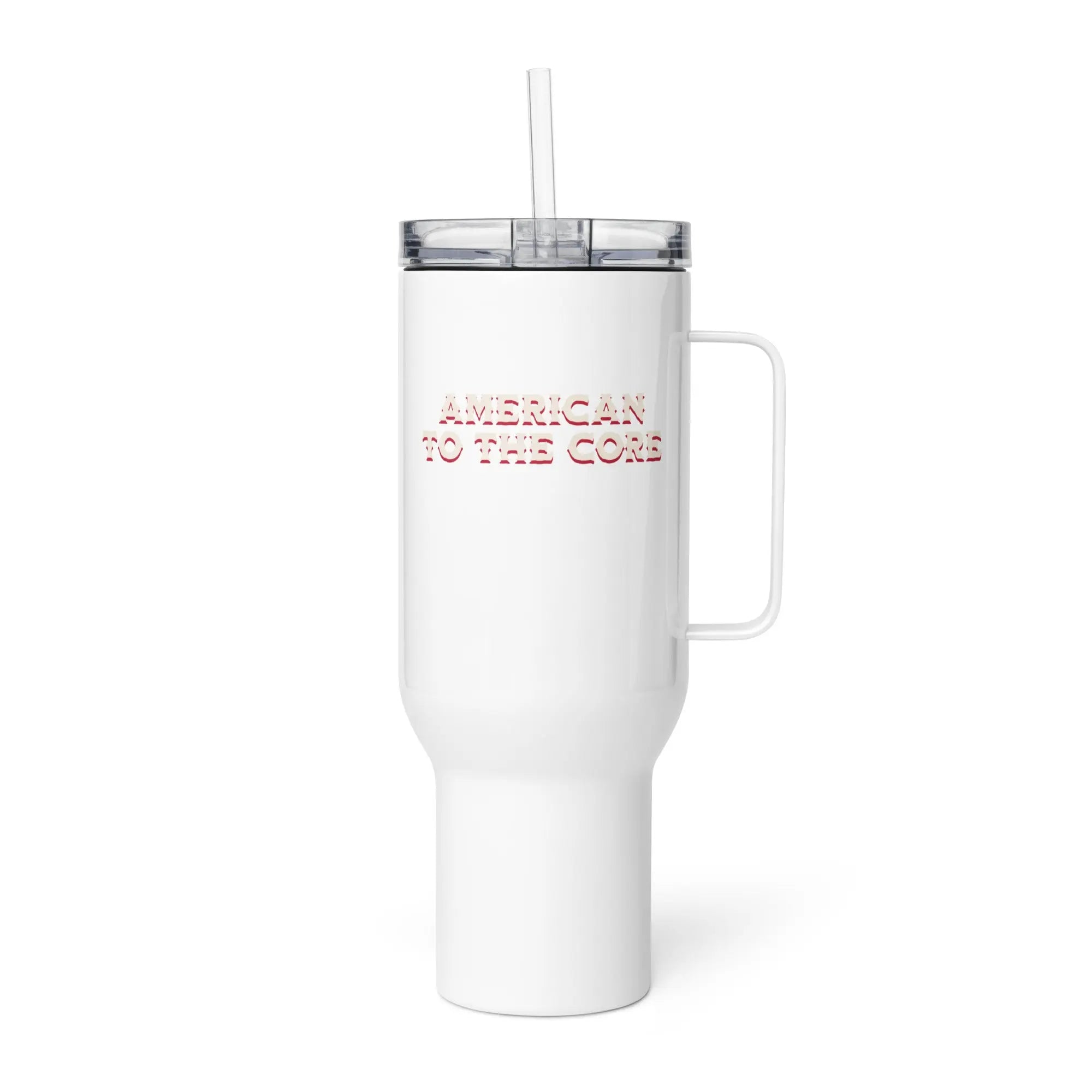 White tumbler with handle and straw featuring 'American to the Core' text on a white background