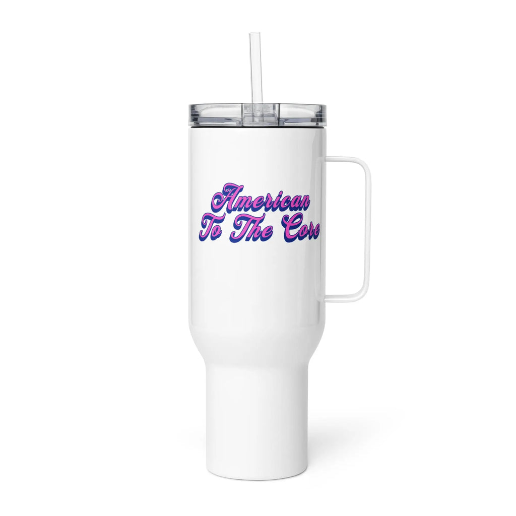 White tumbler with handle and straw featuring 'American To The Core' text on a white background