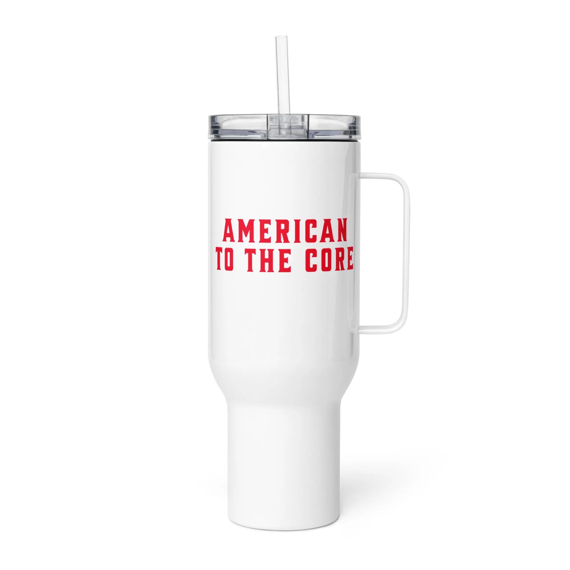 White tumbler with the text 'American To The Core' in red