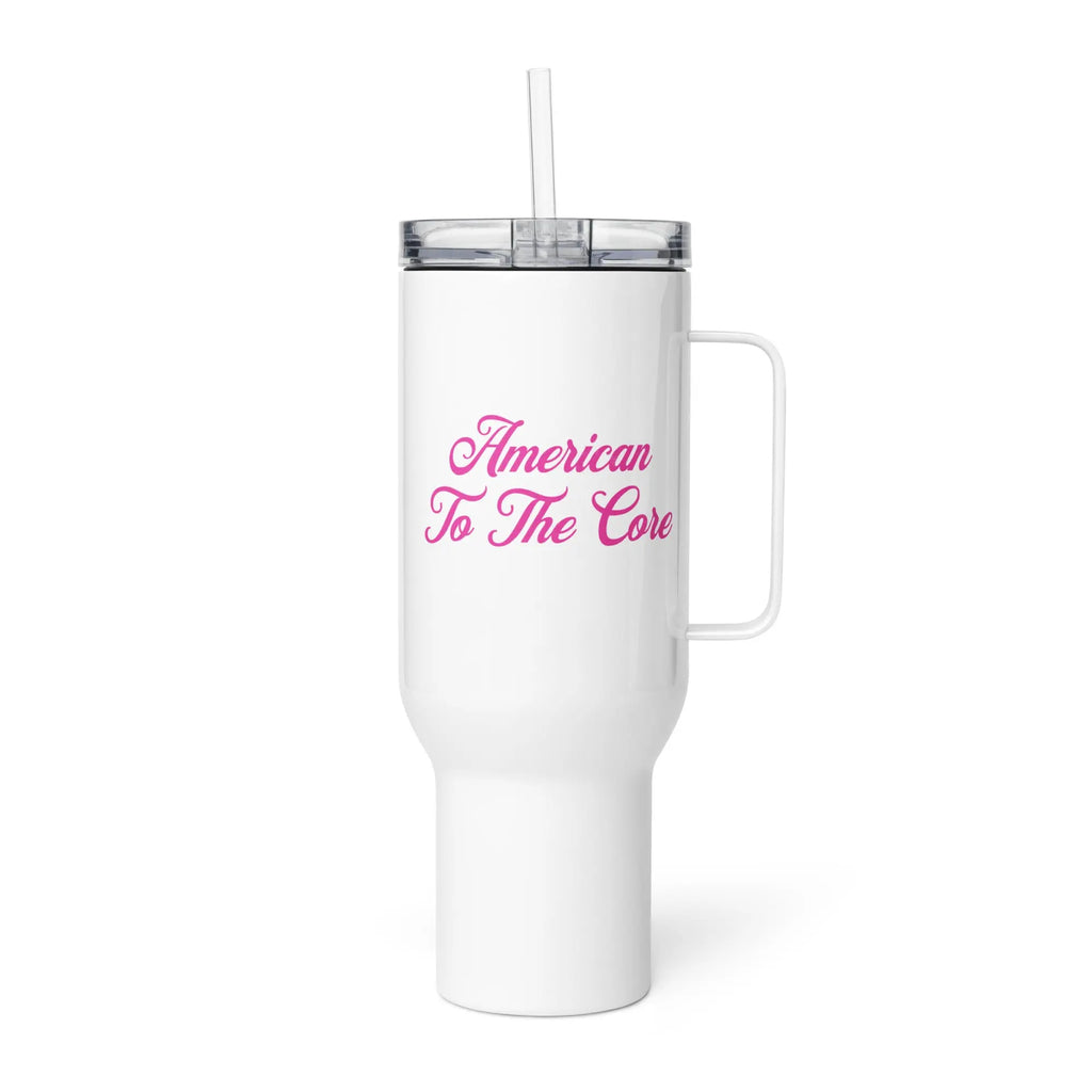 White tumbler with the text 'American to the core' in pink