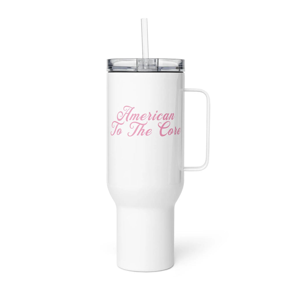 White tumbler with the text 'American to the core' in pink