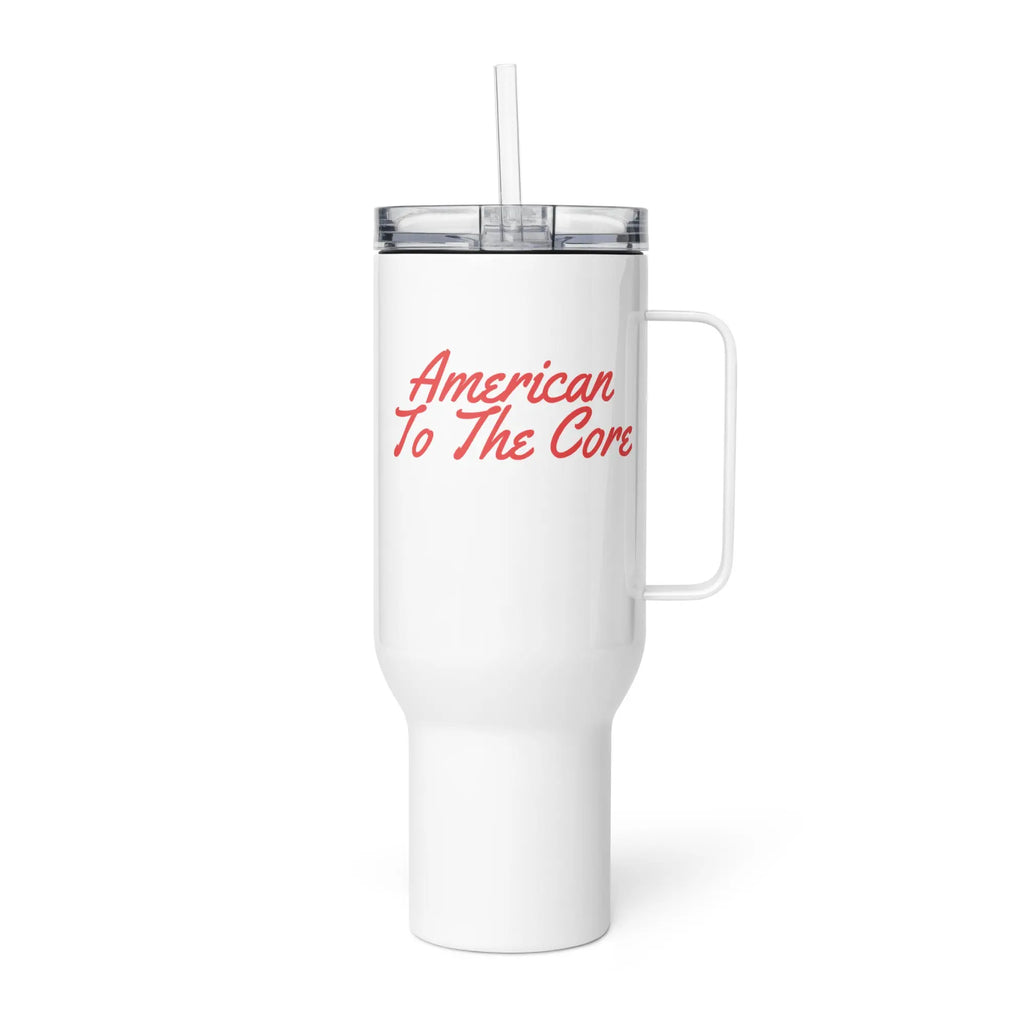 White tumbler with 'American to the core' text in red. 