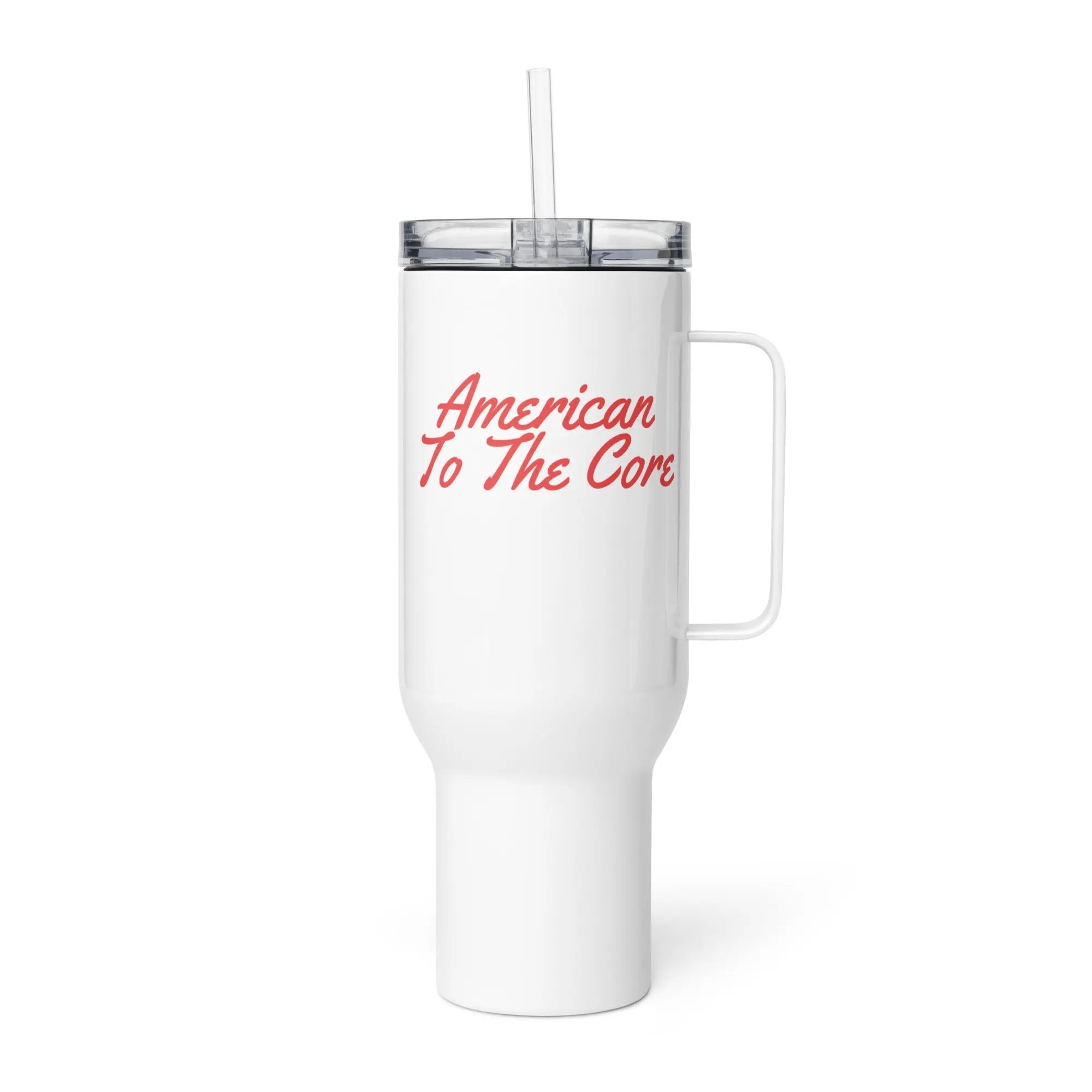 White tumbler with 'American to the core' text in red. 