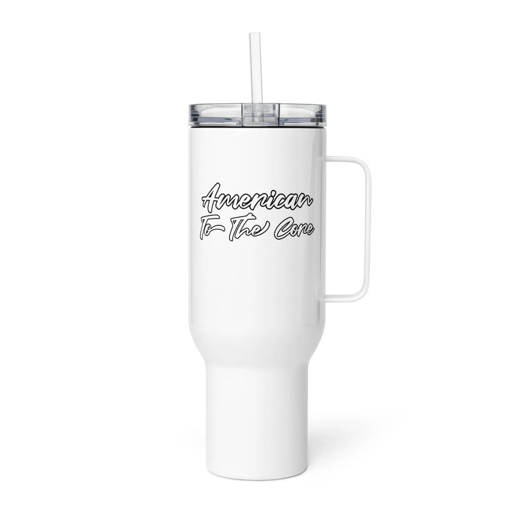 White tumbler with 'American to the core' text