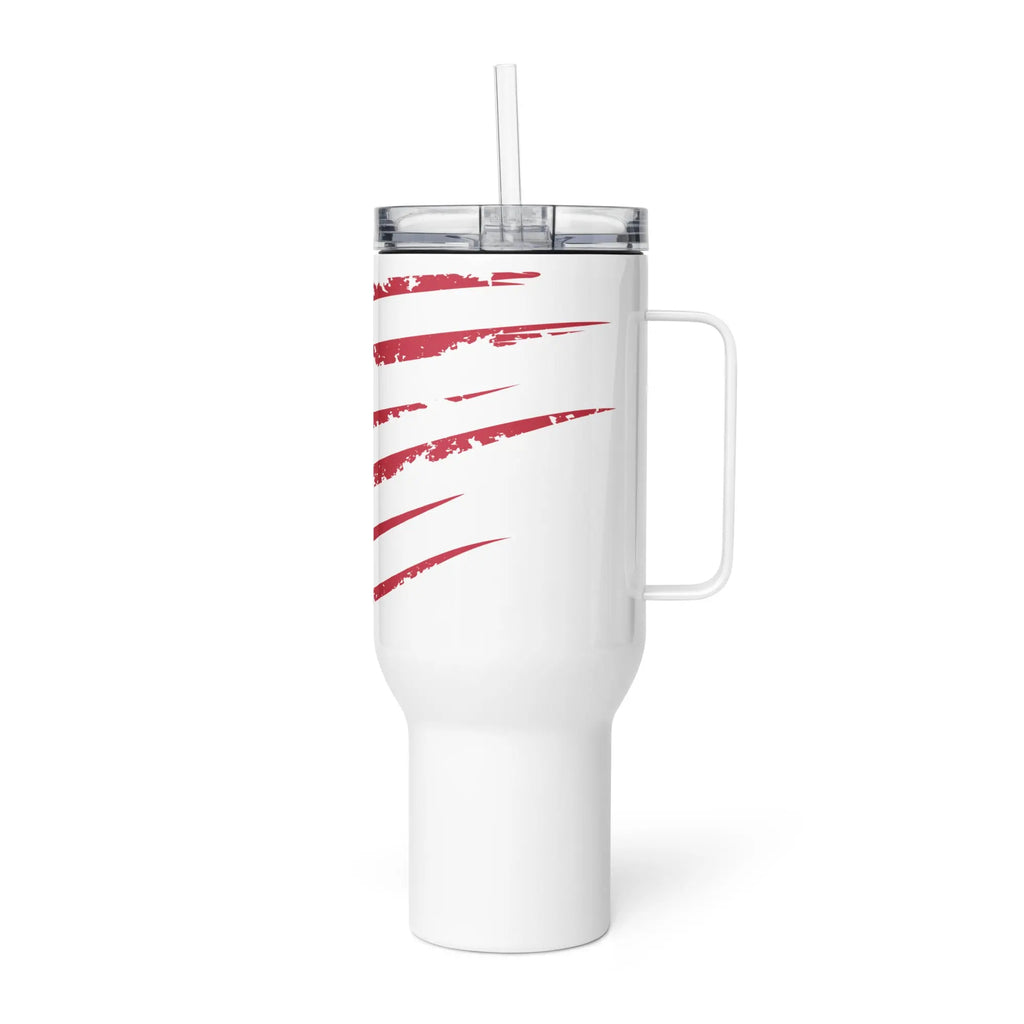 A white travel tumbler with the American flag.