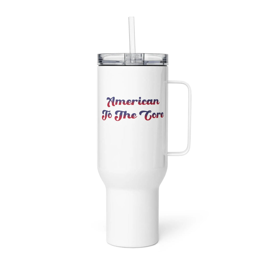 A white travel tumbler with the text 'American To The Core' in red and blue.