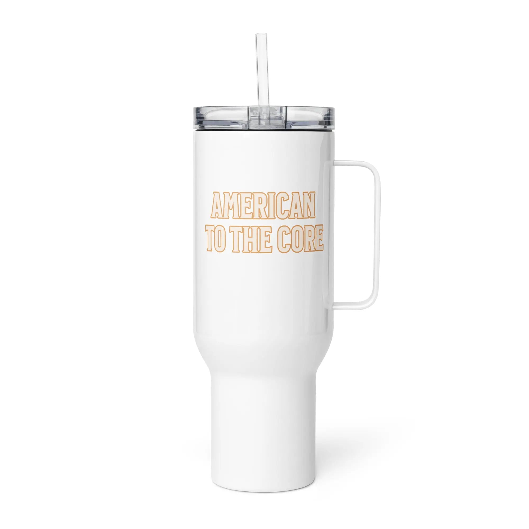 A white travel tumbler with the text 'American To The Core.'