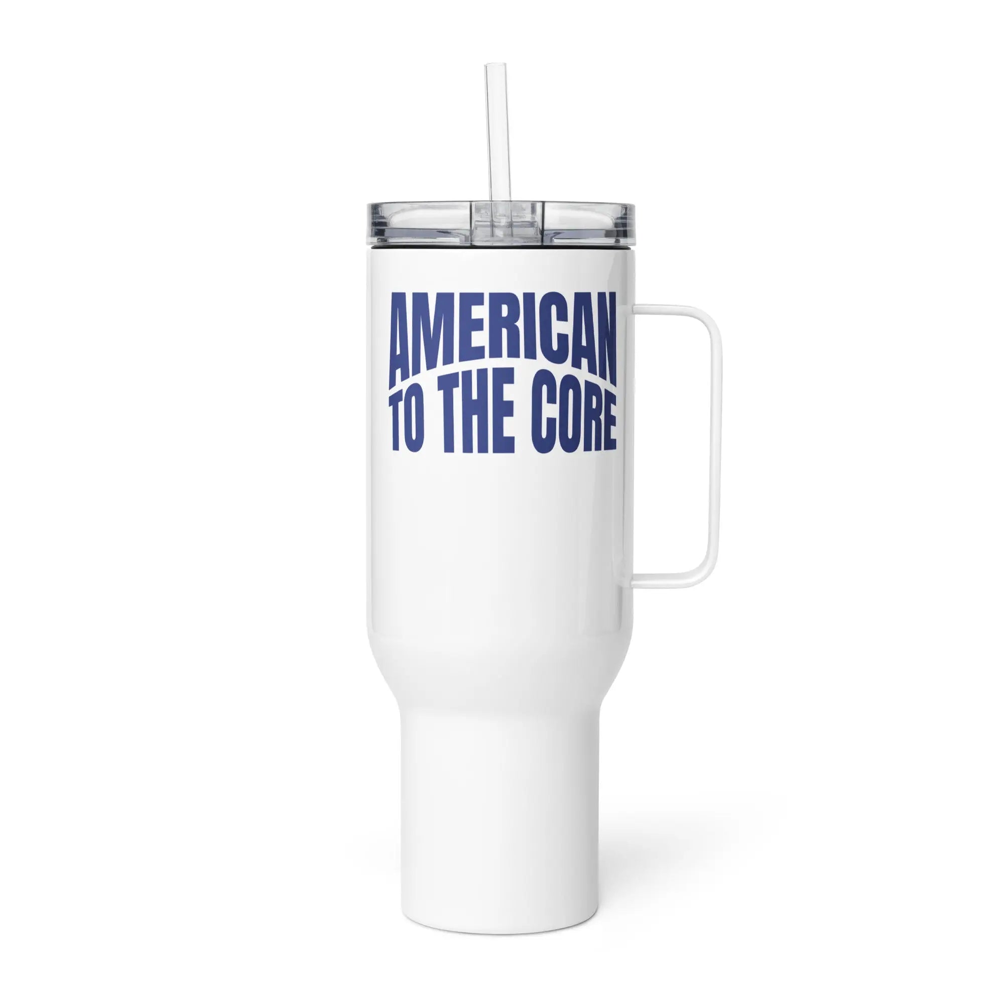A white travel tumbler with the text 'American To The Core' in blue.