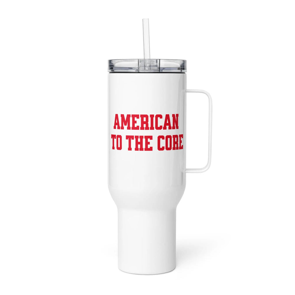 A white travel tumbler with the text 'American to the core' in red