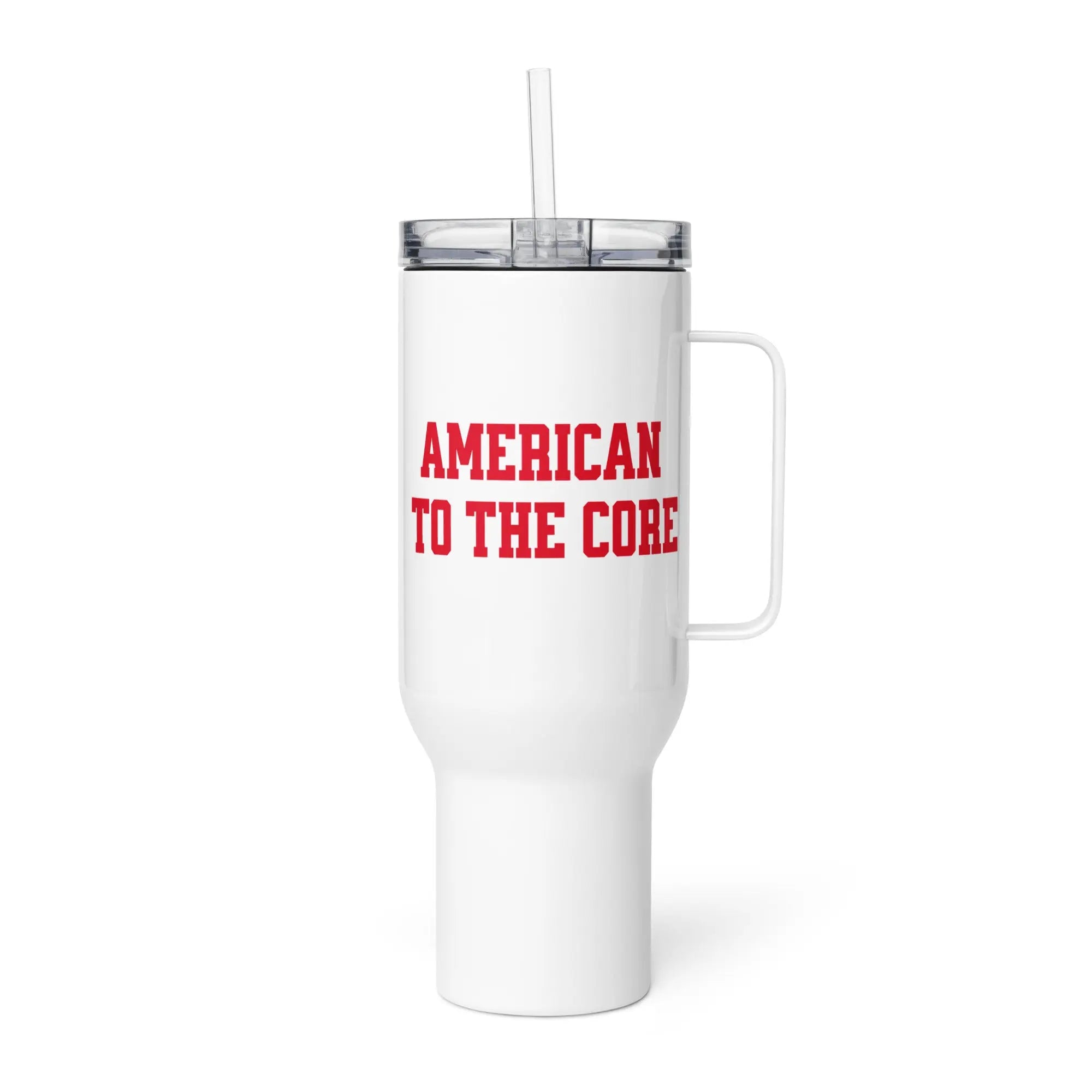 A white travel tumbler with the text 'American to the core' in red