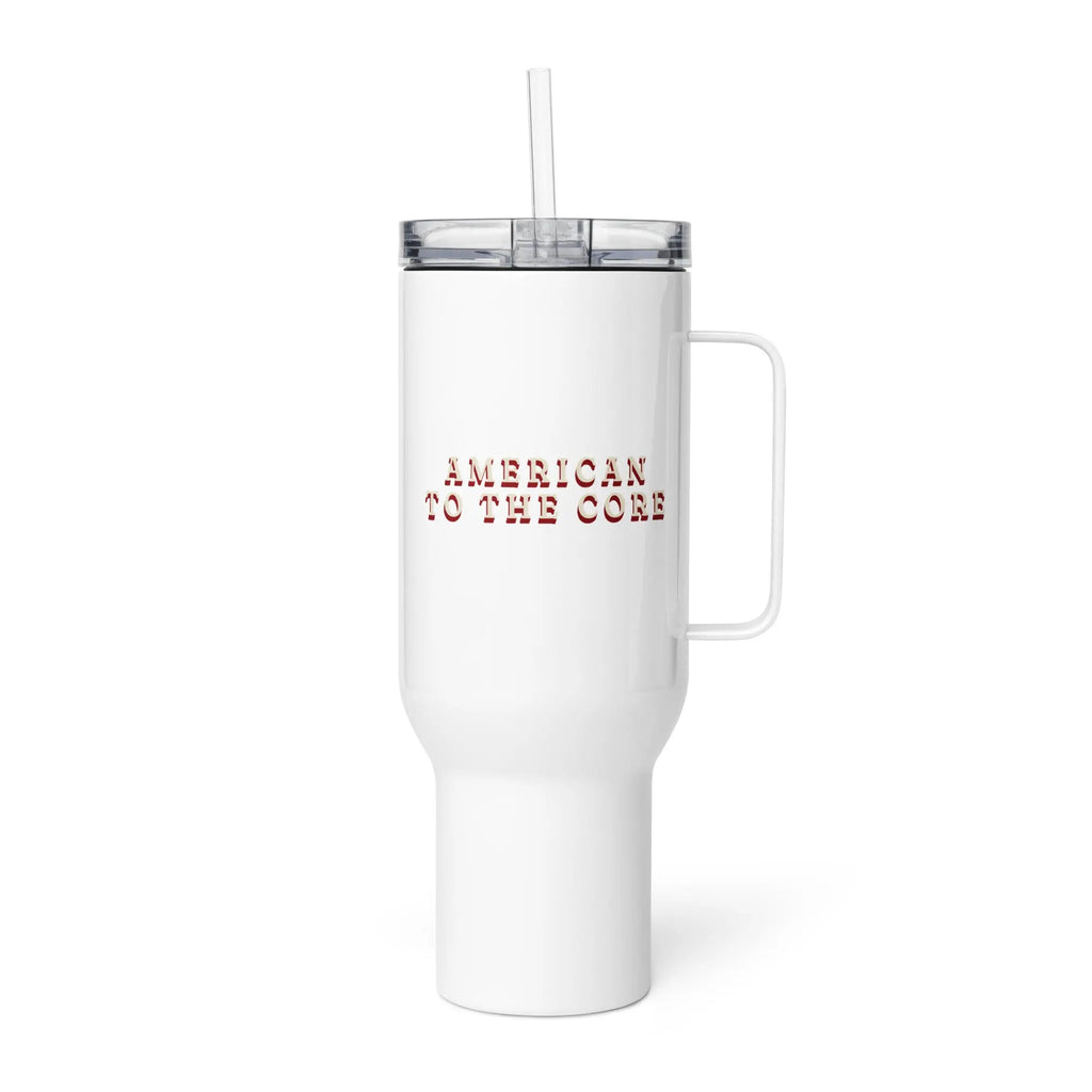 White travel tumbler with 'American to the core' text in red and white.