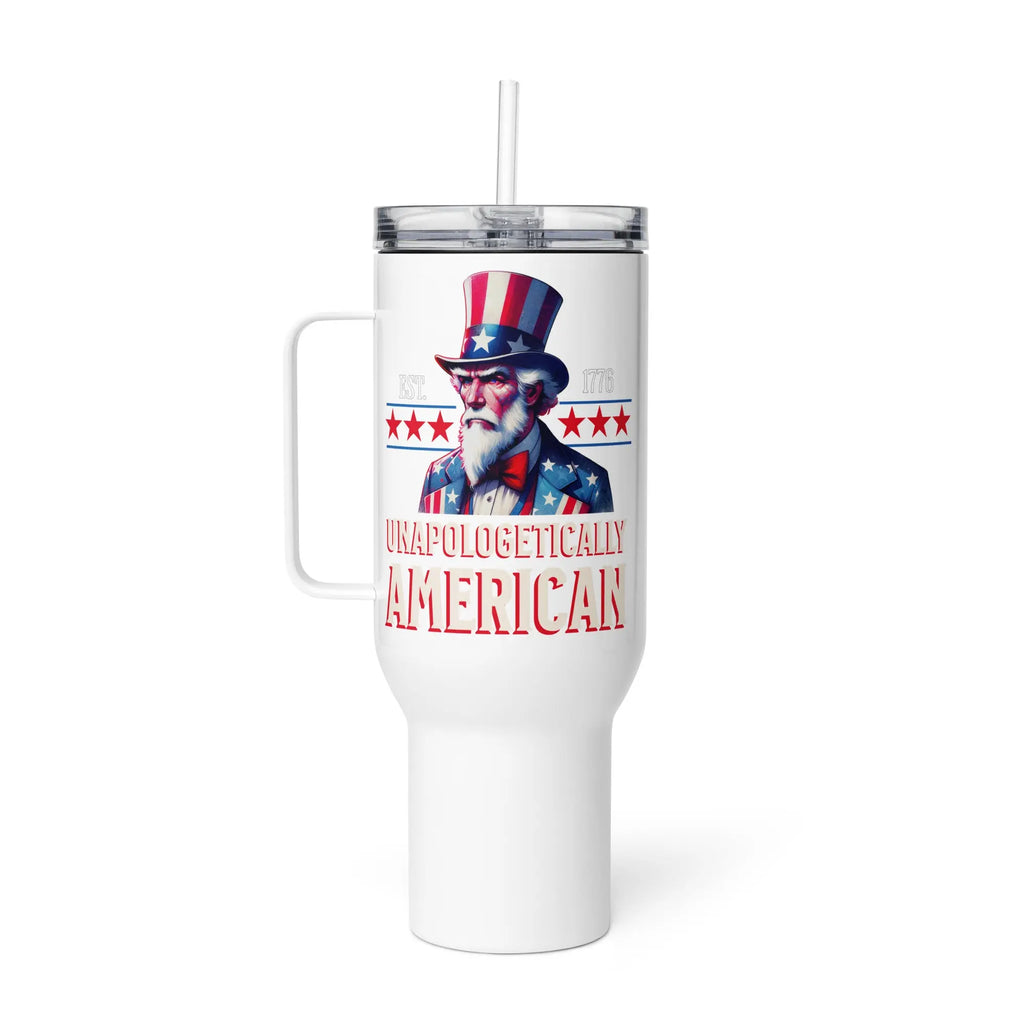 White tumbler with Uncle Sam graphic and 'Unapologetically American' text on a white background