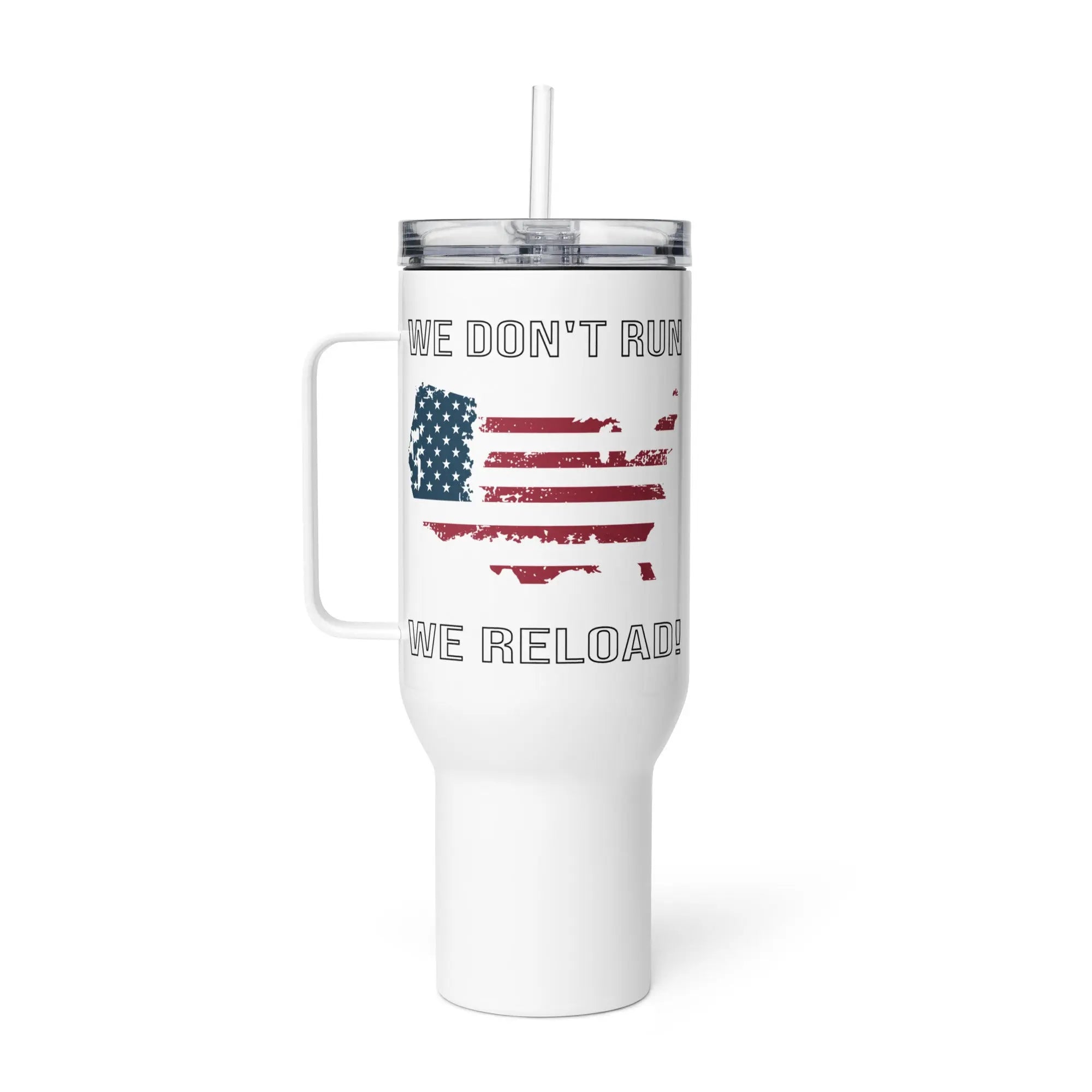 White tumbler with American flag design and text on a white background