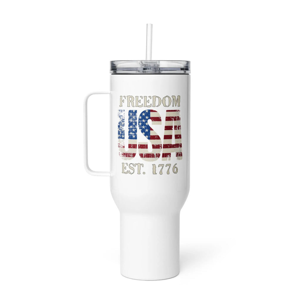 White tumbler with American flag design and 'Freedom' text on a white background