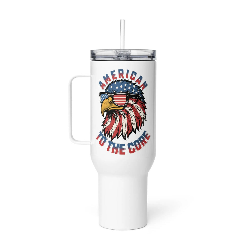 White tumbler with an eagle design and 'American to the Core' text on a white background