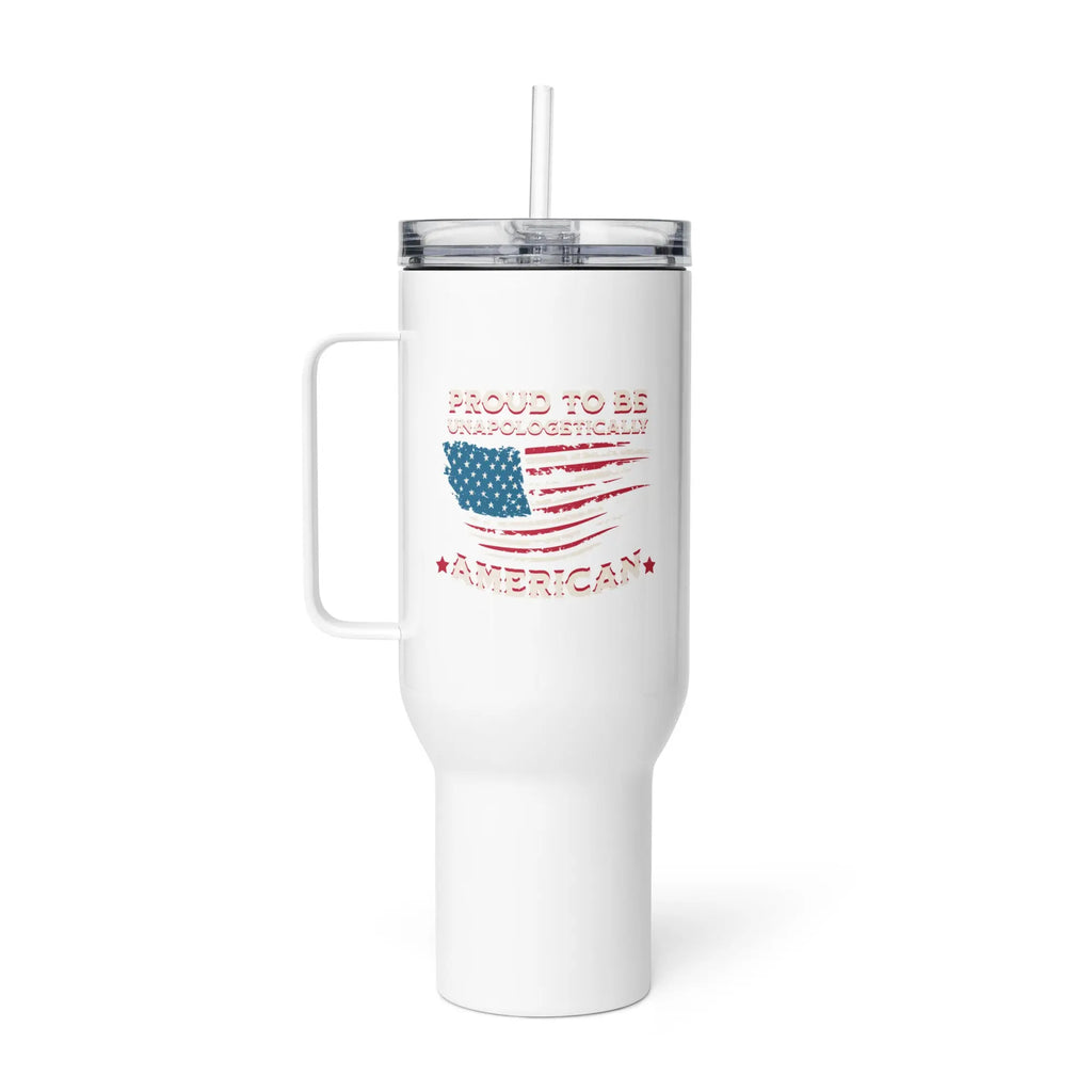 White tumbler with American flag design and text on a white background