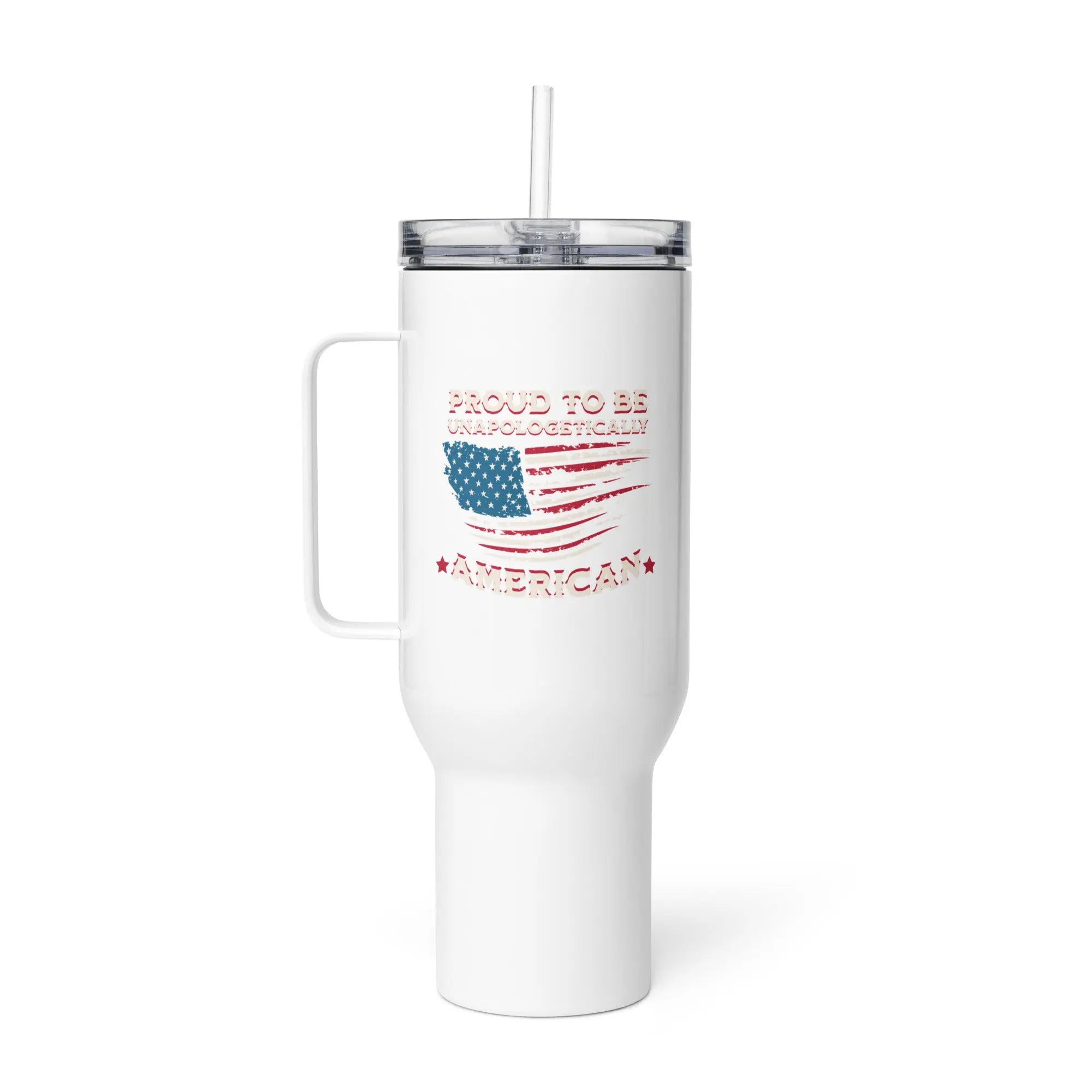 White tumbler with American flag design and text on a white background