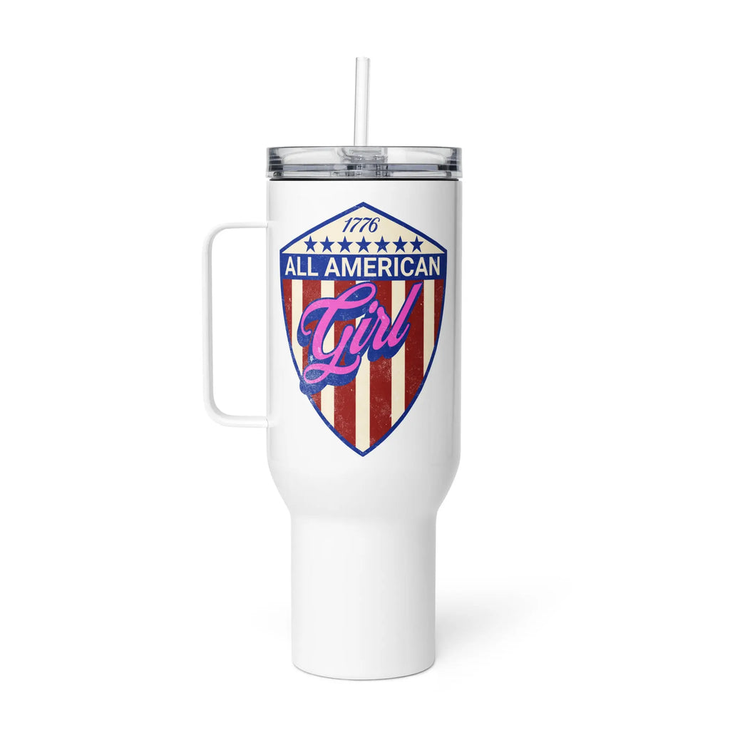 White tumbler with 'All American Girl' design on a white background