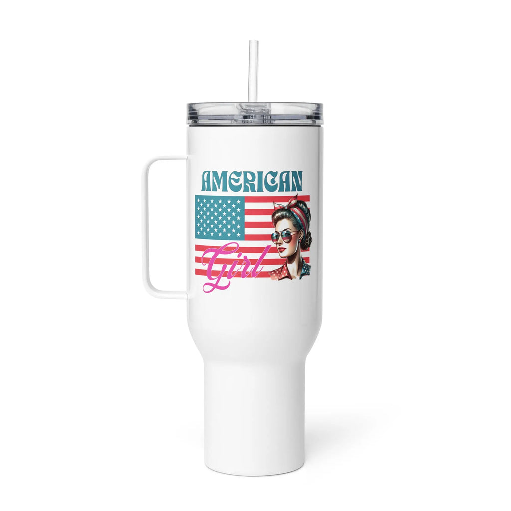 White tumbler with a woman's head over the American Flag and the text 'American Girl' in pink