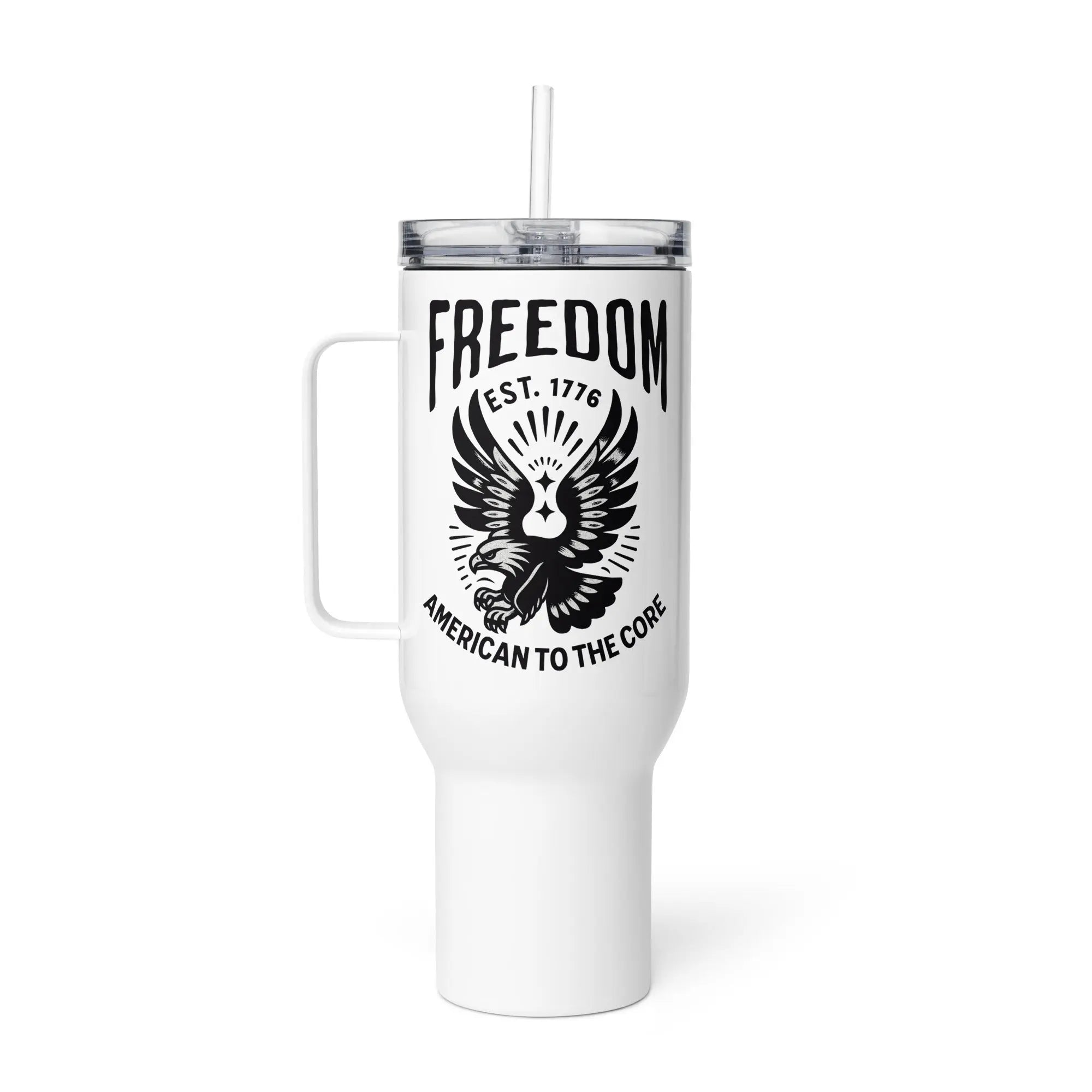 White tumbler with a flying eagle and  the text 'Freedom est. 1776 and American to the core' in black 