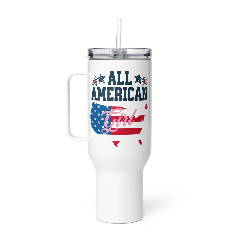 White tumbler with the text 'All American Girl' over the American flag in the shape of America. 