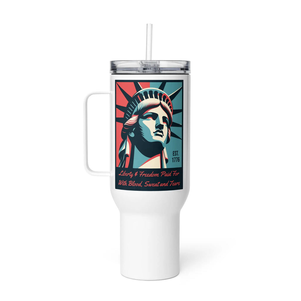White tumbler with a design of the Statue of Liberty on a white background