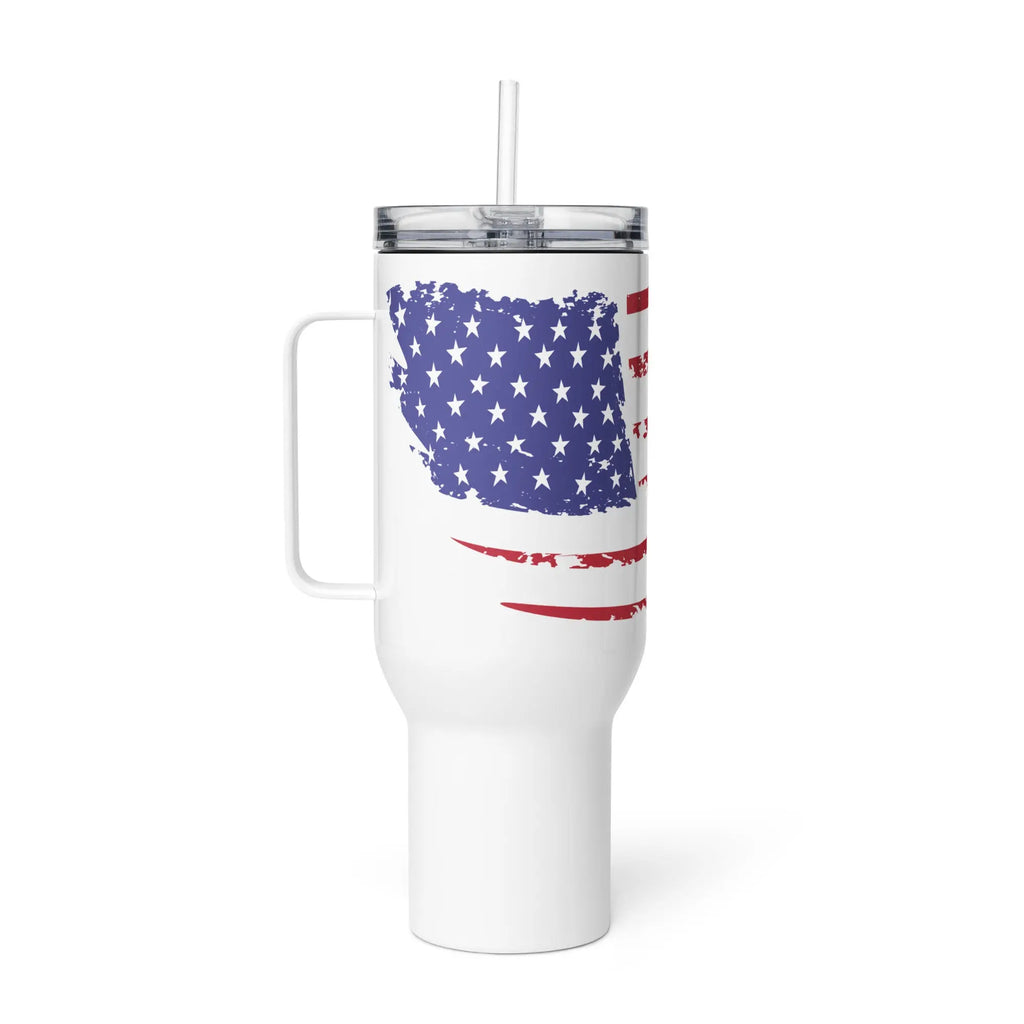 A white travel tumbler with the American flag.