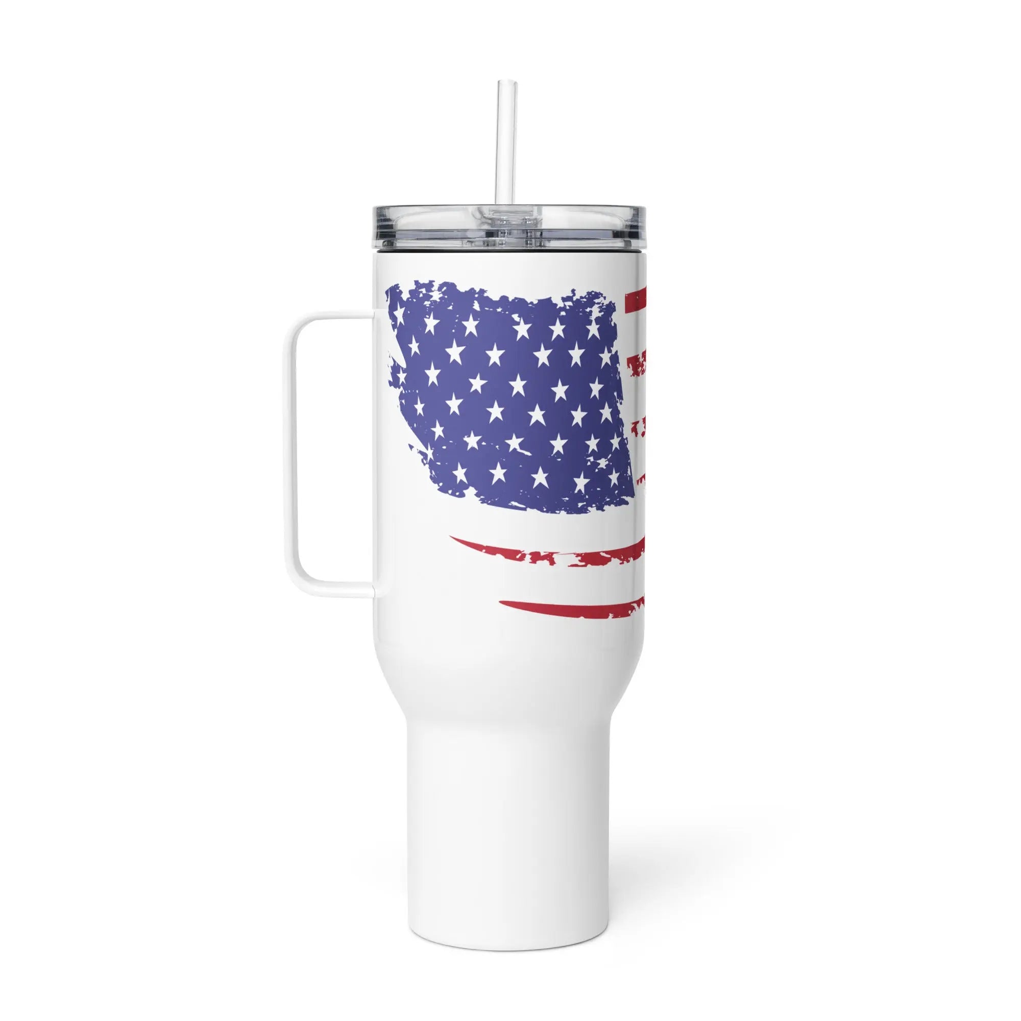 A white travel tumbler with the American flag.