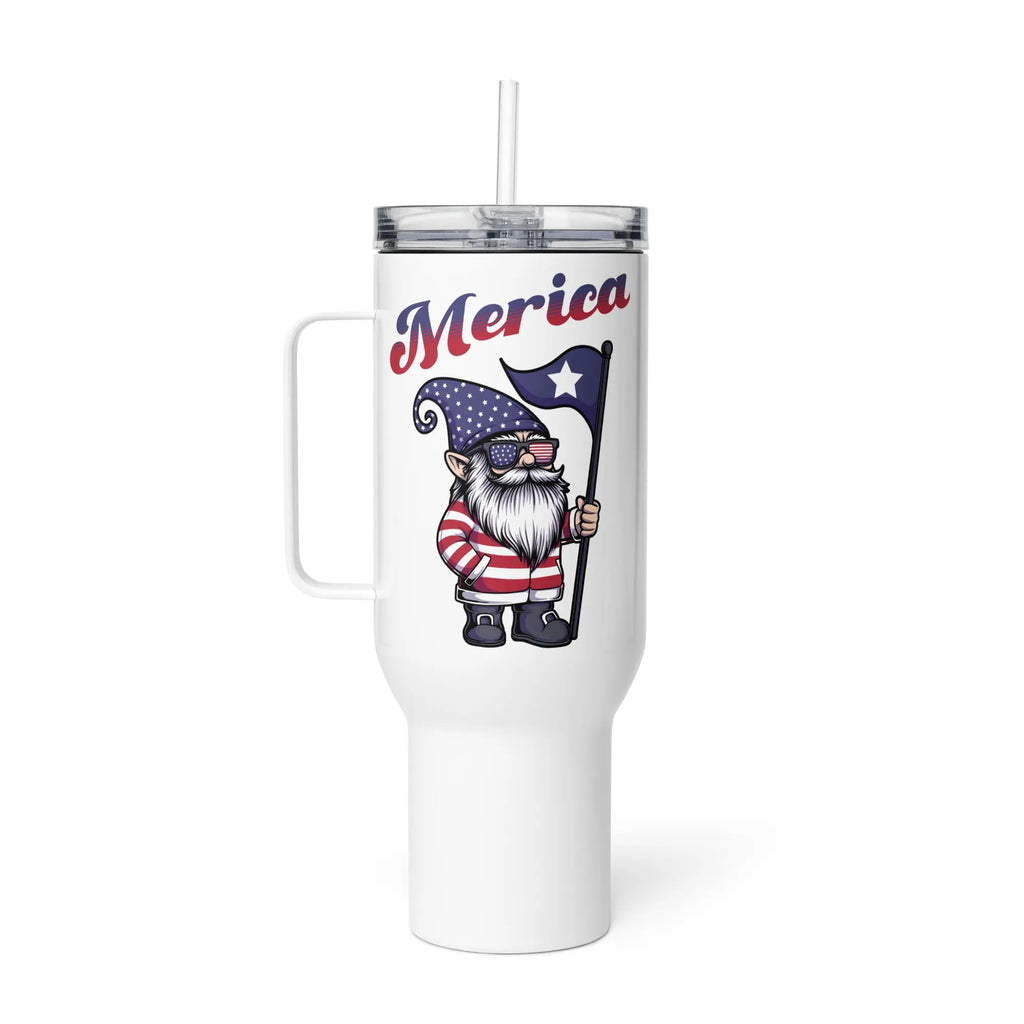A white travel tumbler with a gnome holding a flag and the text 'Merican' in red and blue.