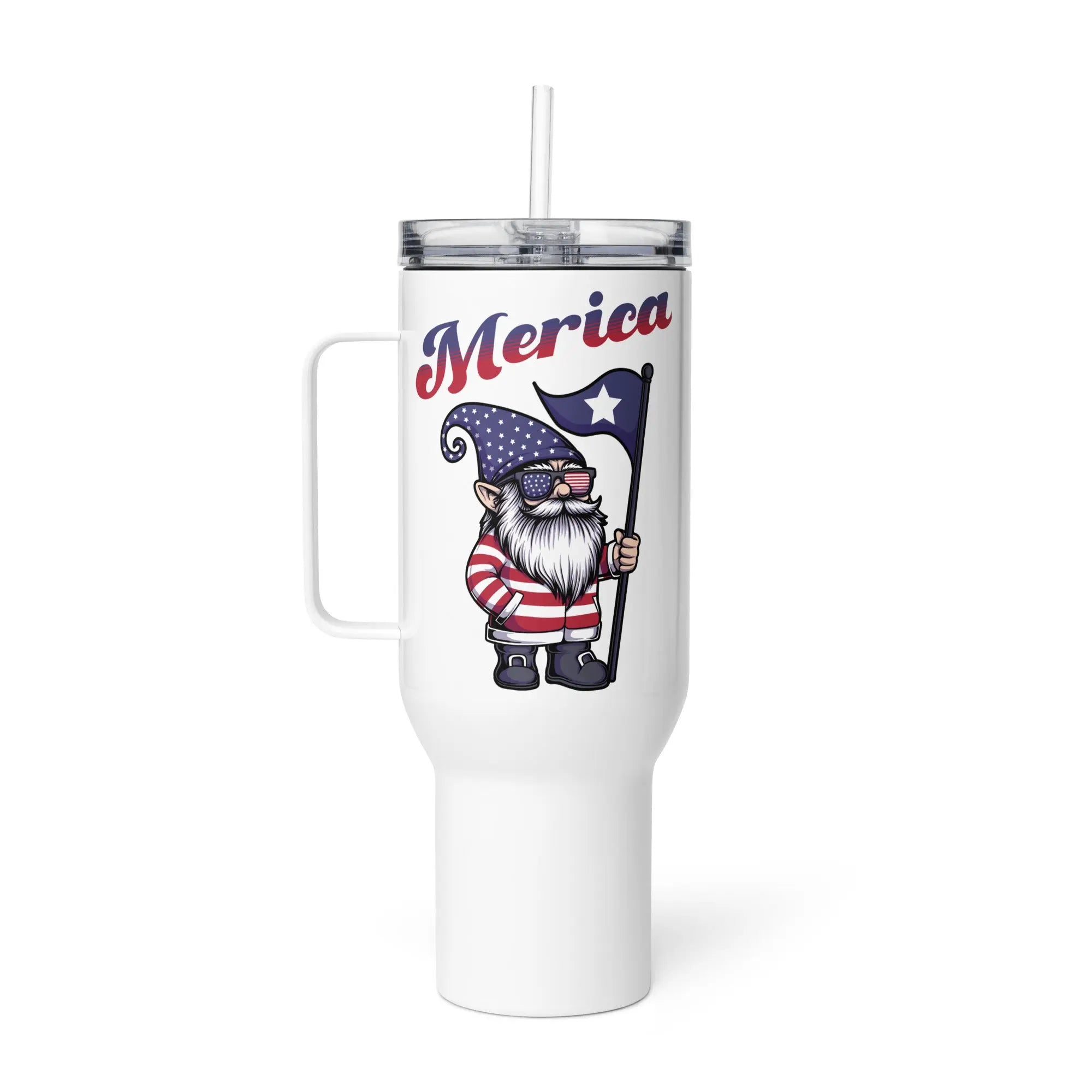 A white travel tumbler with a gnome holding a flag and the text 'Merican' in red and blue.