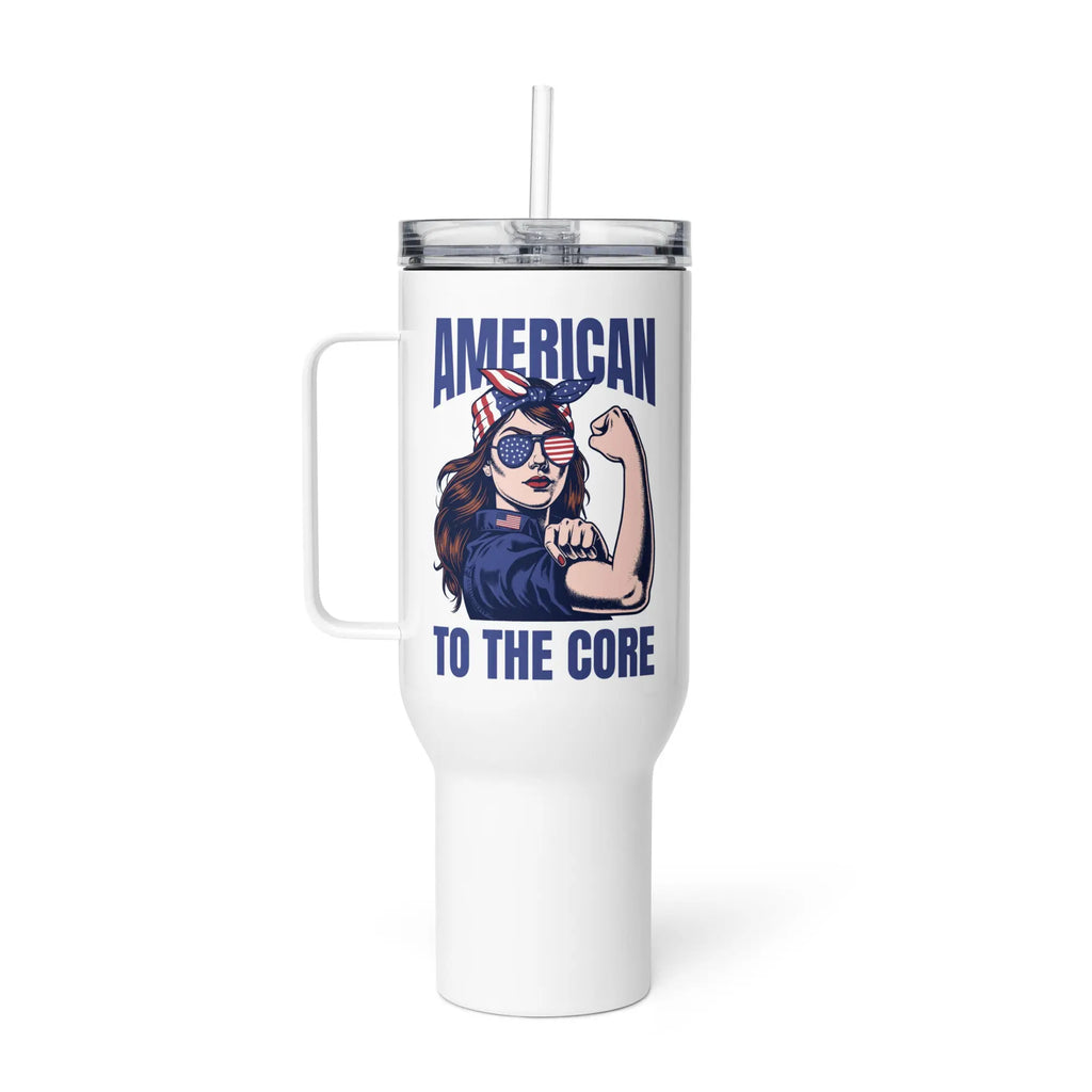A white travel tumbler with a woman flexing and the text 'American To The Core' in blue.