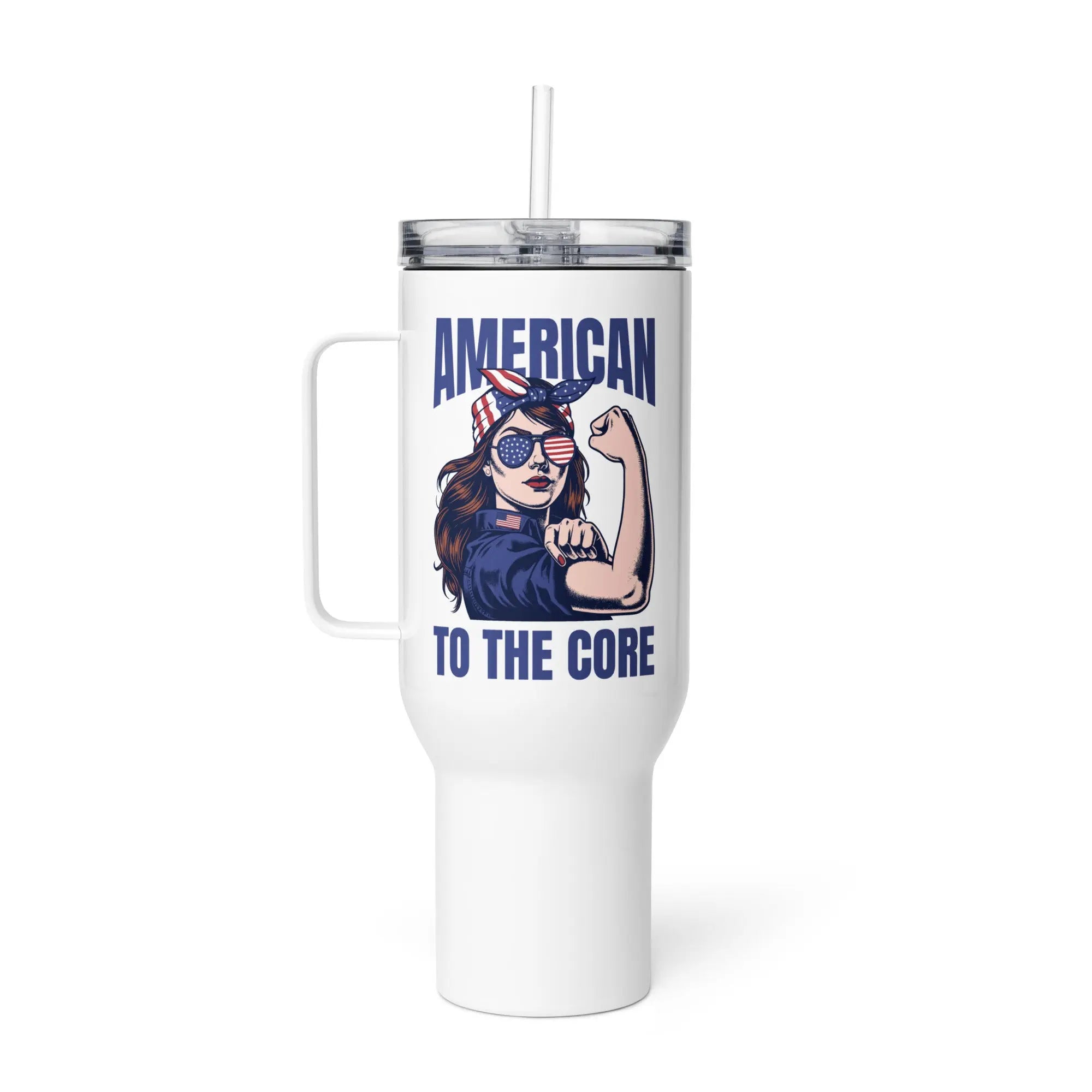 A white travel tumbler with a woman flexing and the text 'American To The Core' in blue.