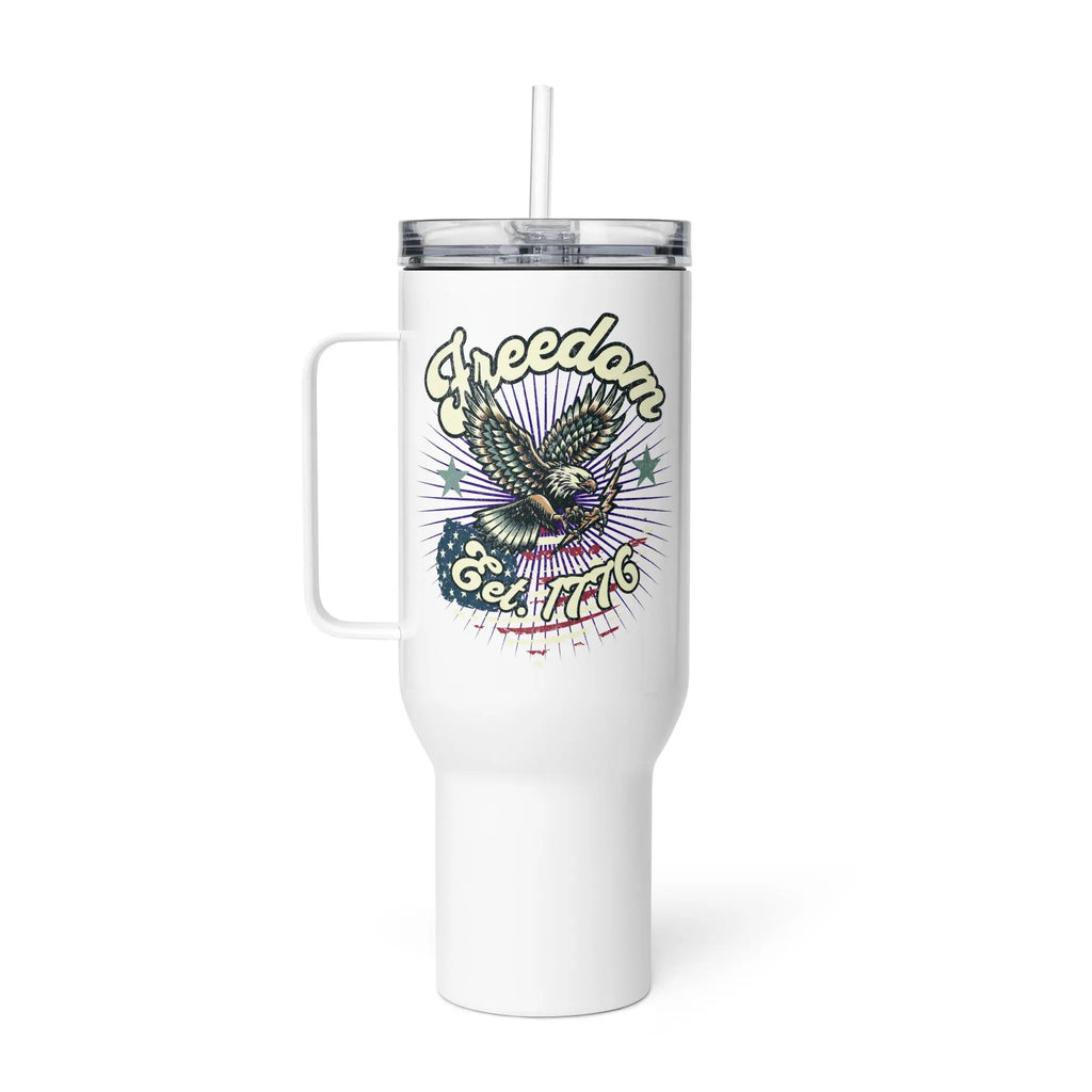 White travel tumbler with a flying eagle design and the text "Freedom est. 1776" 