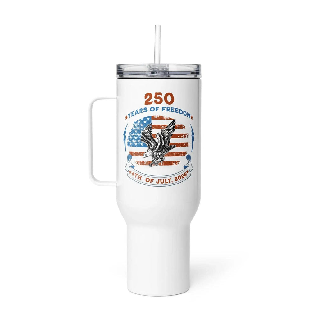 White travel tumbler with American flag design and the text "250 years of freedom 4th of July, 2026."