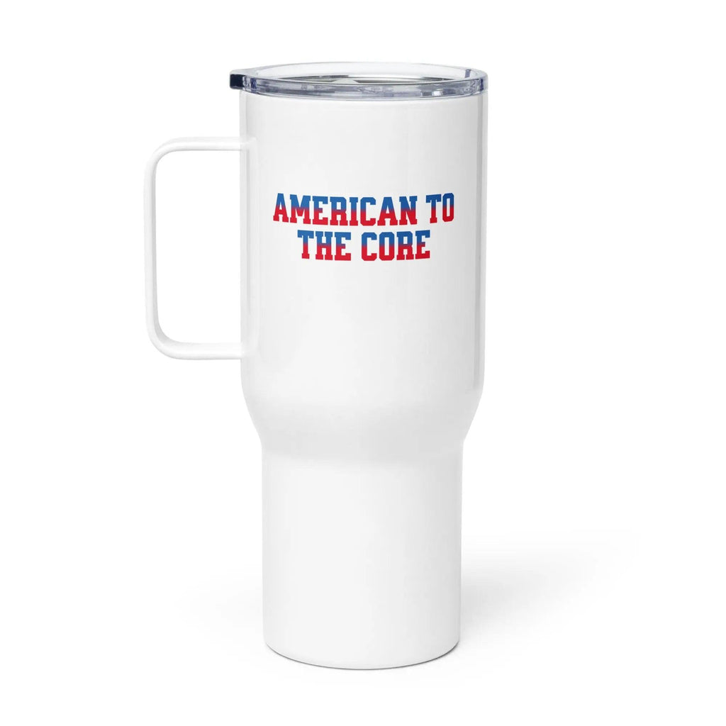 White travel tumbler with 'American to the Core' text in red and blue on a white background
