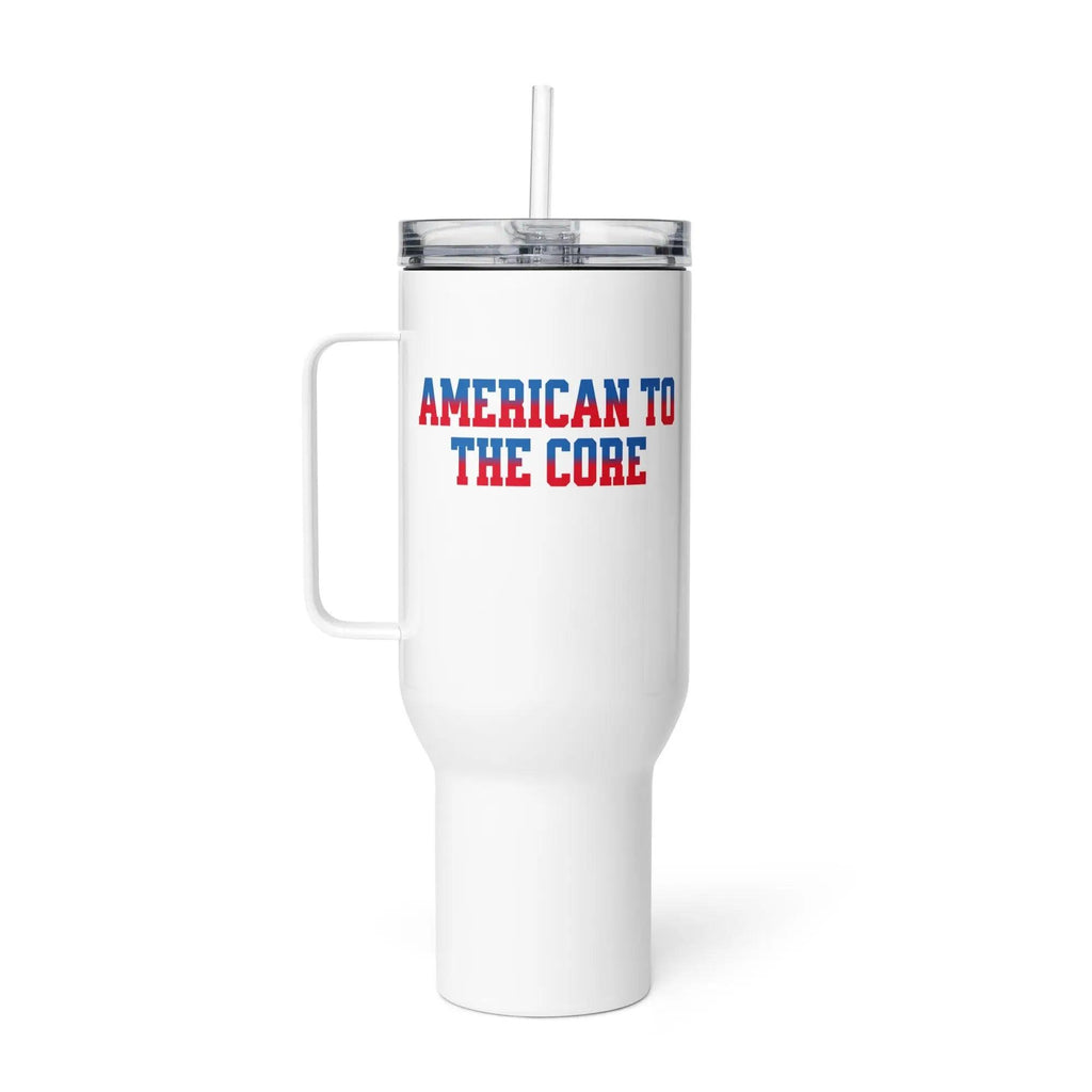 White travel tumbler with 'American to the Core' text in red and blue on a white background
