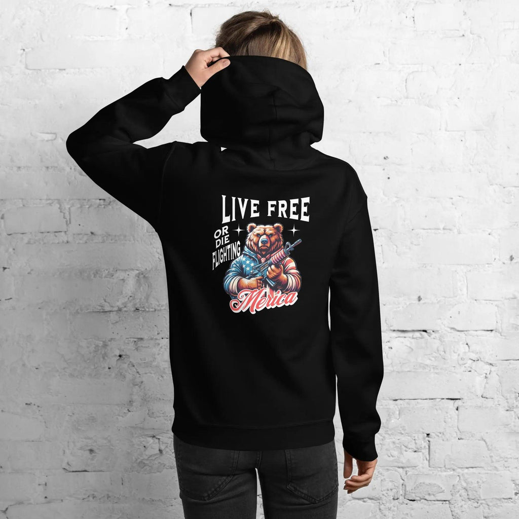 Back of a woman wearing a black, patriotic hoodie with a bear holding a gun with the text "Live Free or Die Fighting."