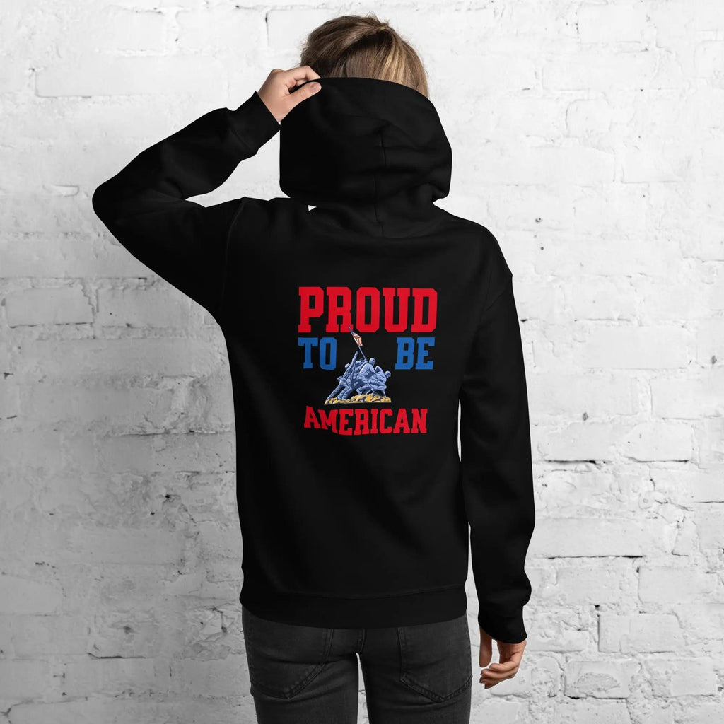 Back of woman wearing a black hoodie with soldiers raising the flag and the text "proud to be American."