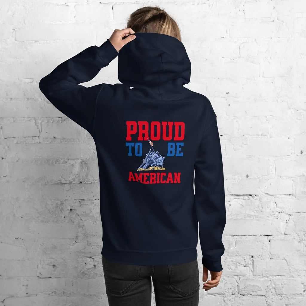 Back of woman wearing a navy hoodie with soldiers raising the flag and the text "proud to be American."