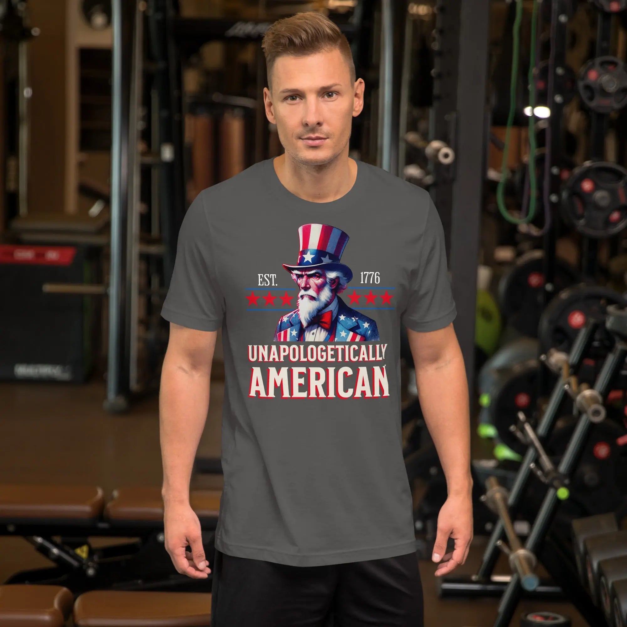 Man wearing a t-shirt with an American-themed graphic in a gym setting