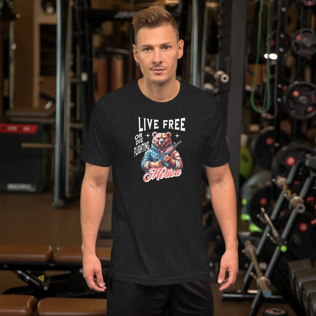 man wearing a black heather patriotic t-shirt with a image of a bear holding a gun with "live free or die fighting Merica" text