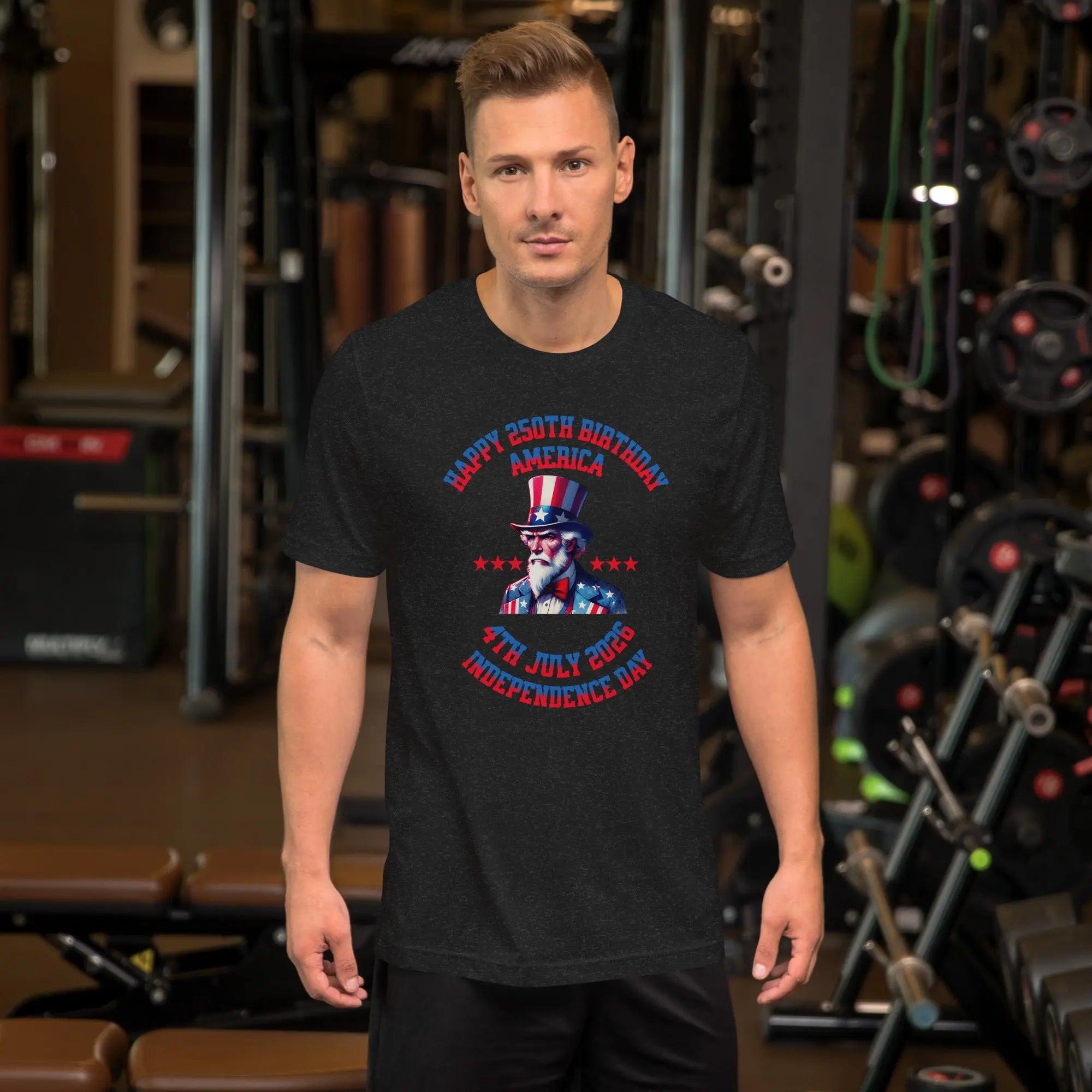 A man wearing a black heather patriotic men's t-shirt with Uncle Sam and the text "Happy 250th Birthday America and 4th July 2026 Independence Day."