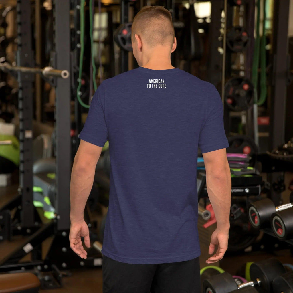 Back of a man wearing a heather midnight navy patriotic t-shirt with the text "American To The Core."