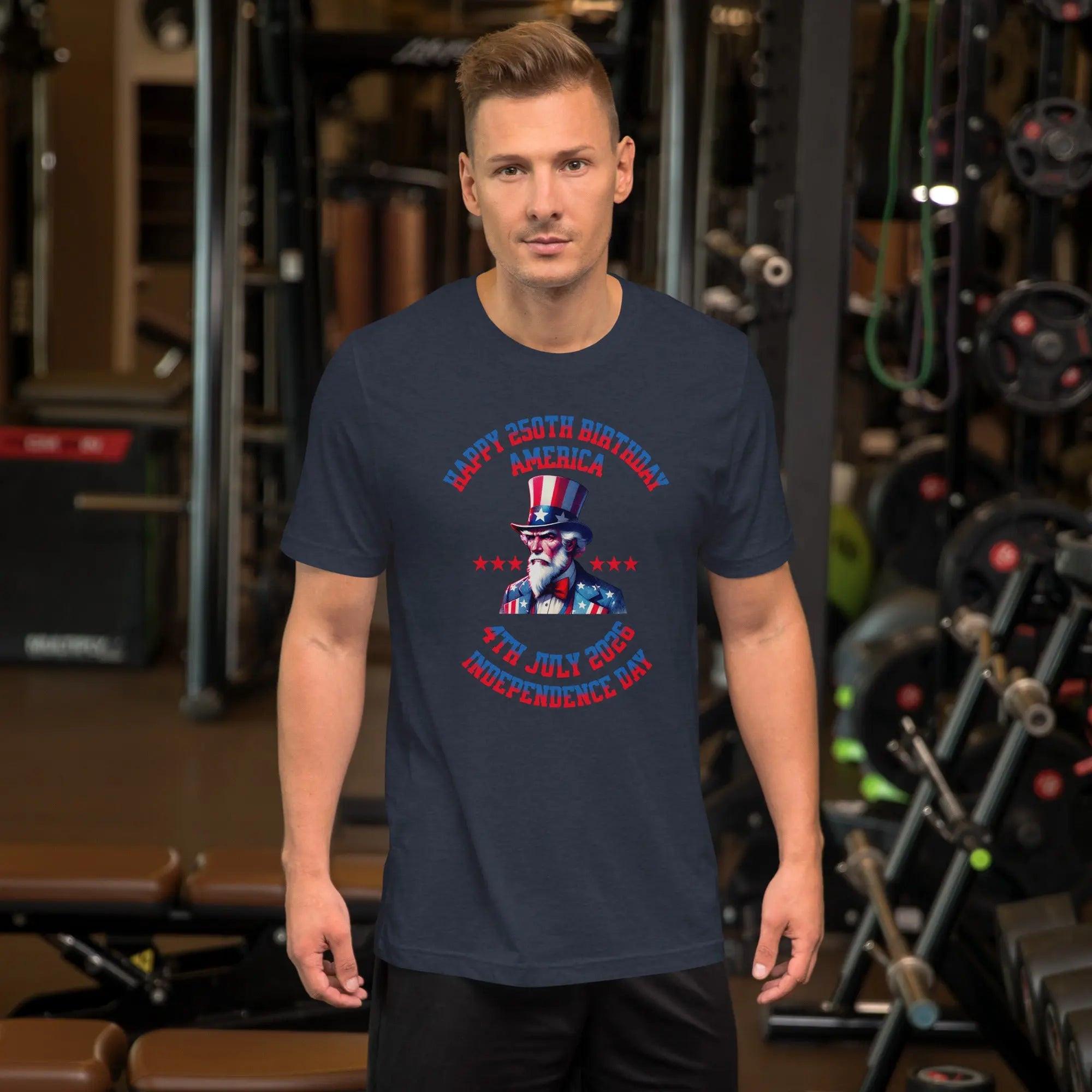 A man wearing a navy heather patriotic men's t-shirt with Uncle Sam and the text "Happy 250th Birthday, America, and 4th July 2026 Independence Day."