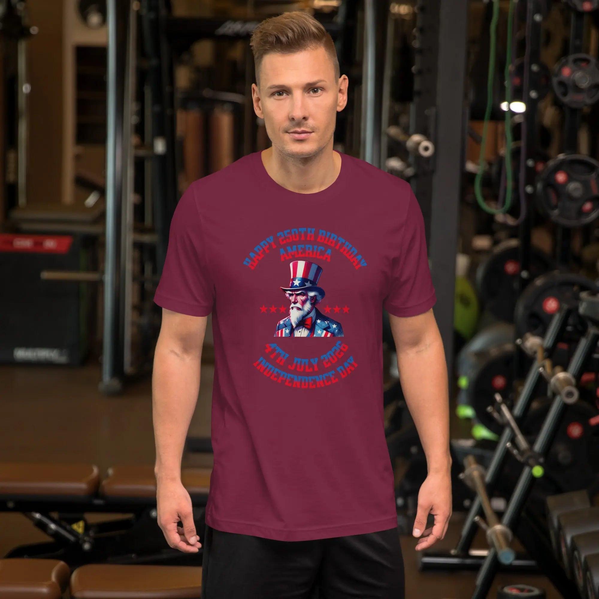 A man wearing a maroon patriotic men's t-shirt with Uncle Sam and the text "Happy 250th Birthday, America, and 4th July 2026 Independence Day."