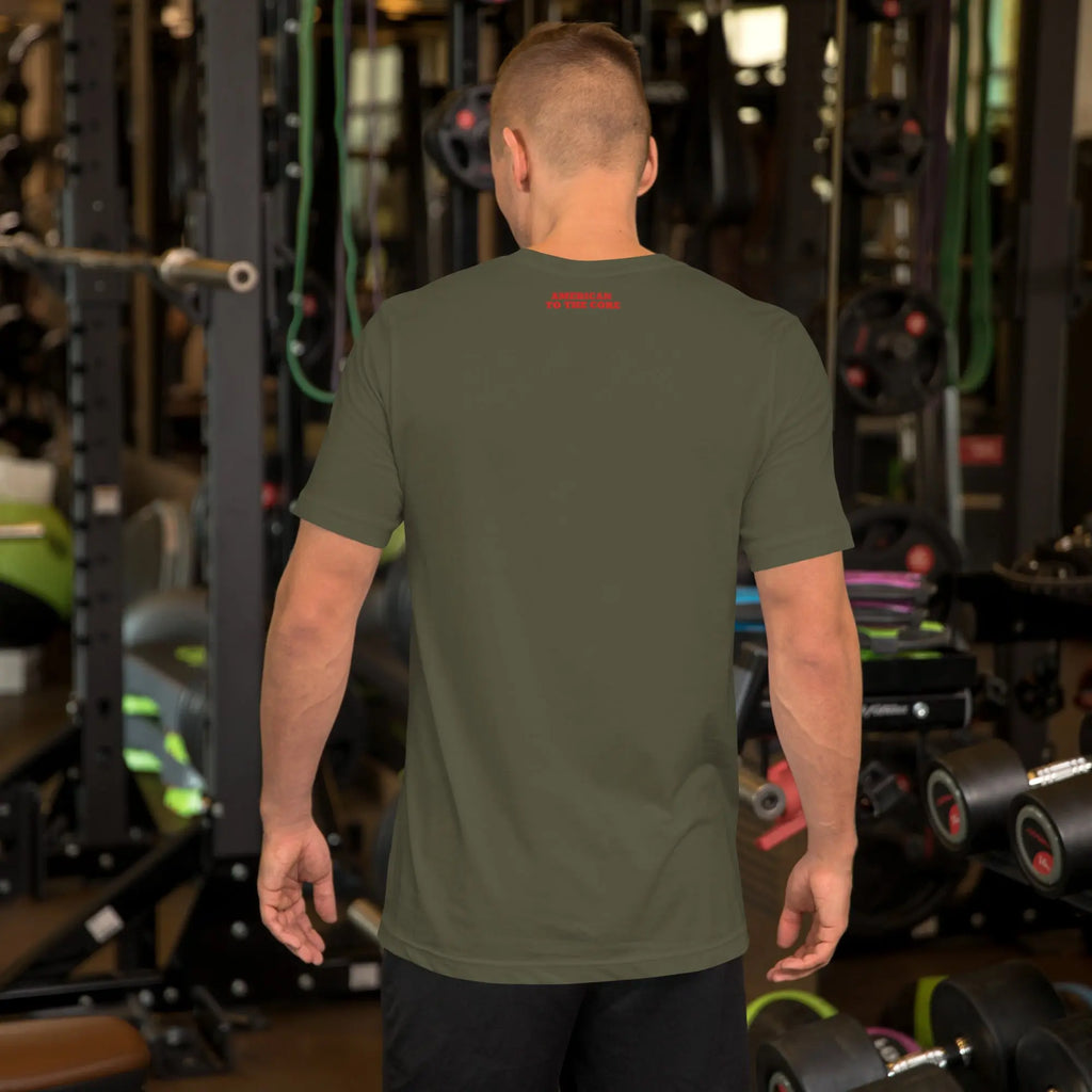 Back of man wearing a military green patriotic t-shirt with "America to the core" text