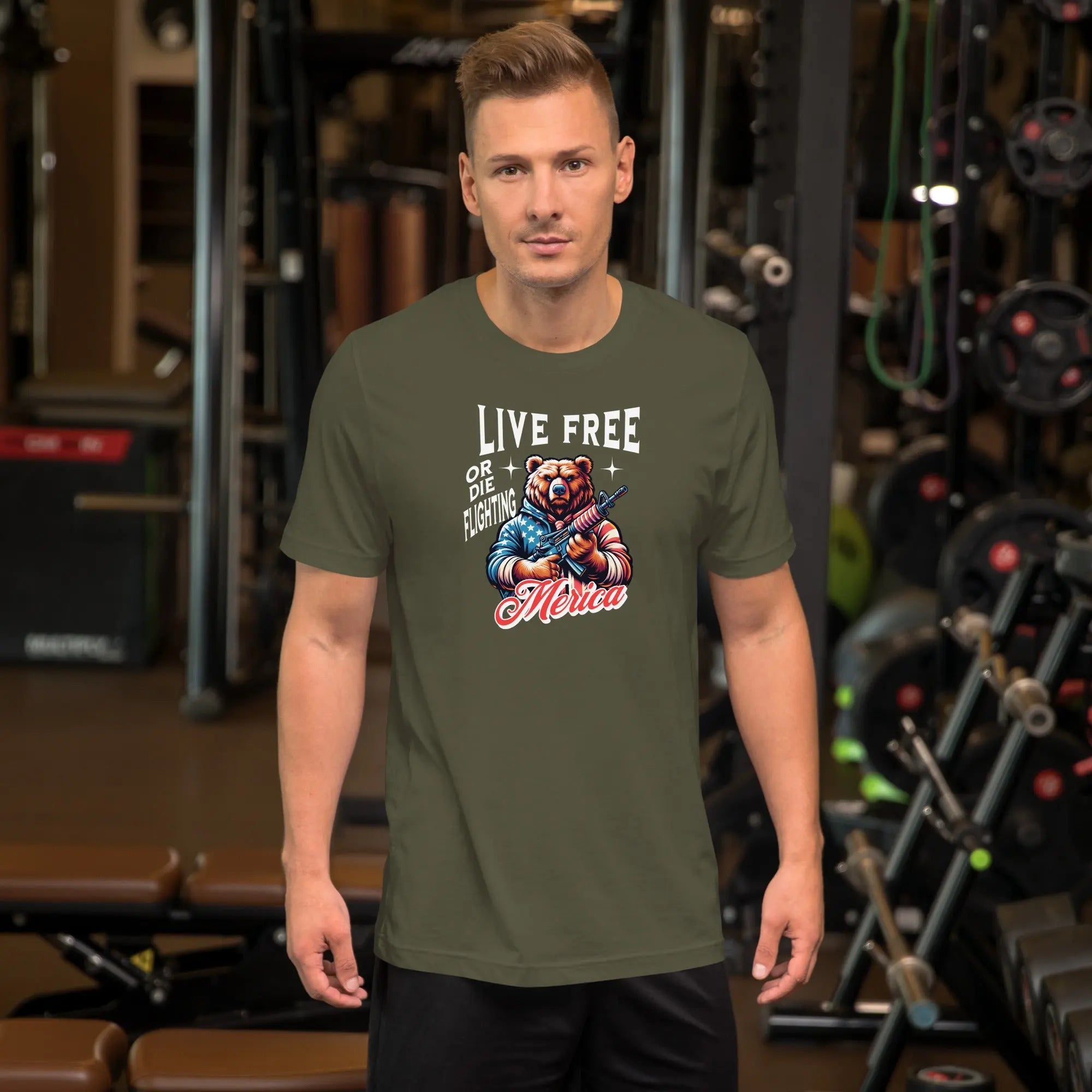 man wearing a military green patriotic t-shirt with a image of a bear holding a gun with "live free or die fighting Merica" text