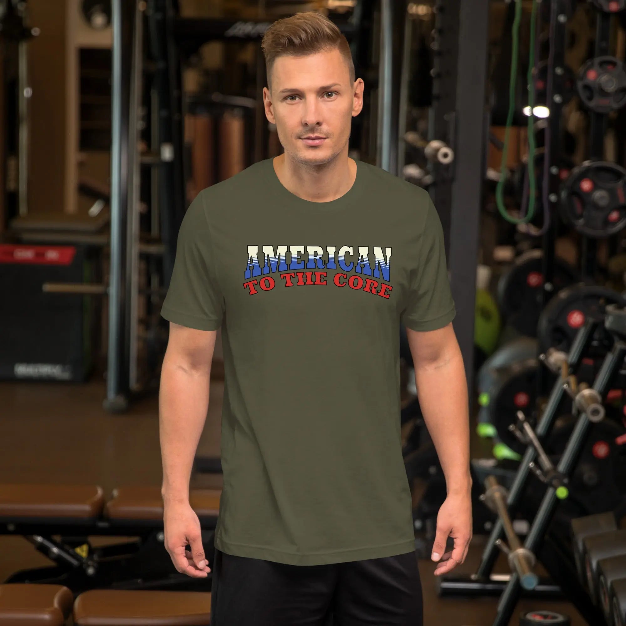 A man wearing a military greeen patriotic t-shirt with "America to the core" text in red, white and blue